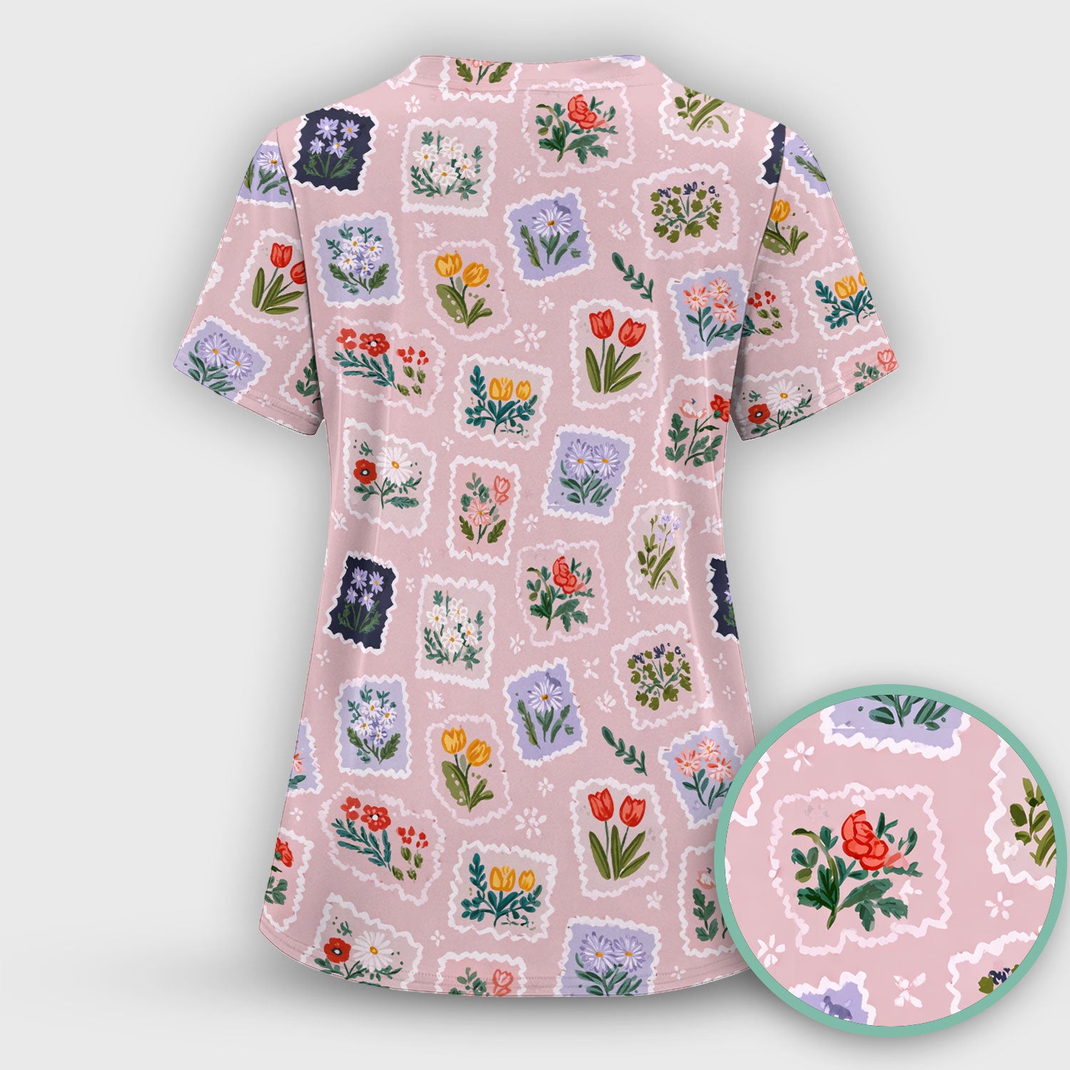 Vintage Flower Stamp Pattern Scrub Top, Breathable Fabrics Nursing Uniform