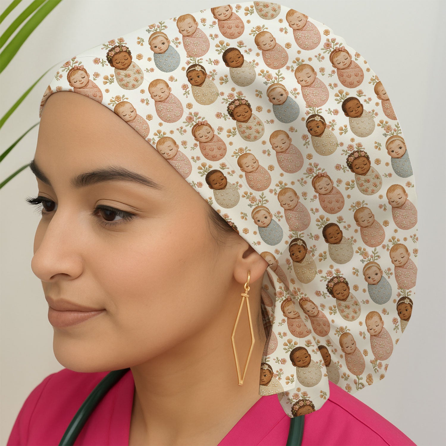 Sweet Newborn Baby Floral Print Scrub Cap, Bouffant Scrub Caps for Women