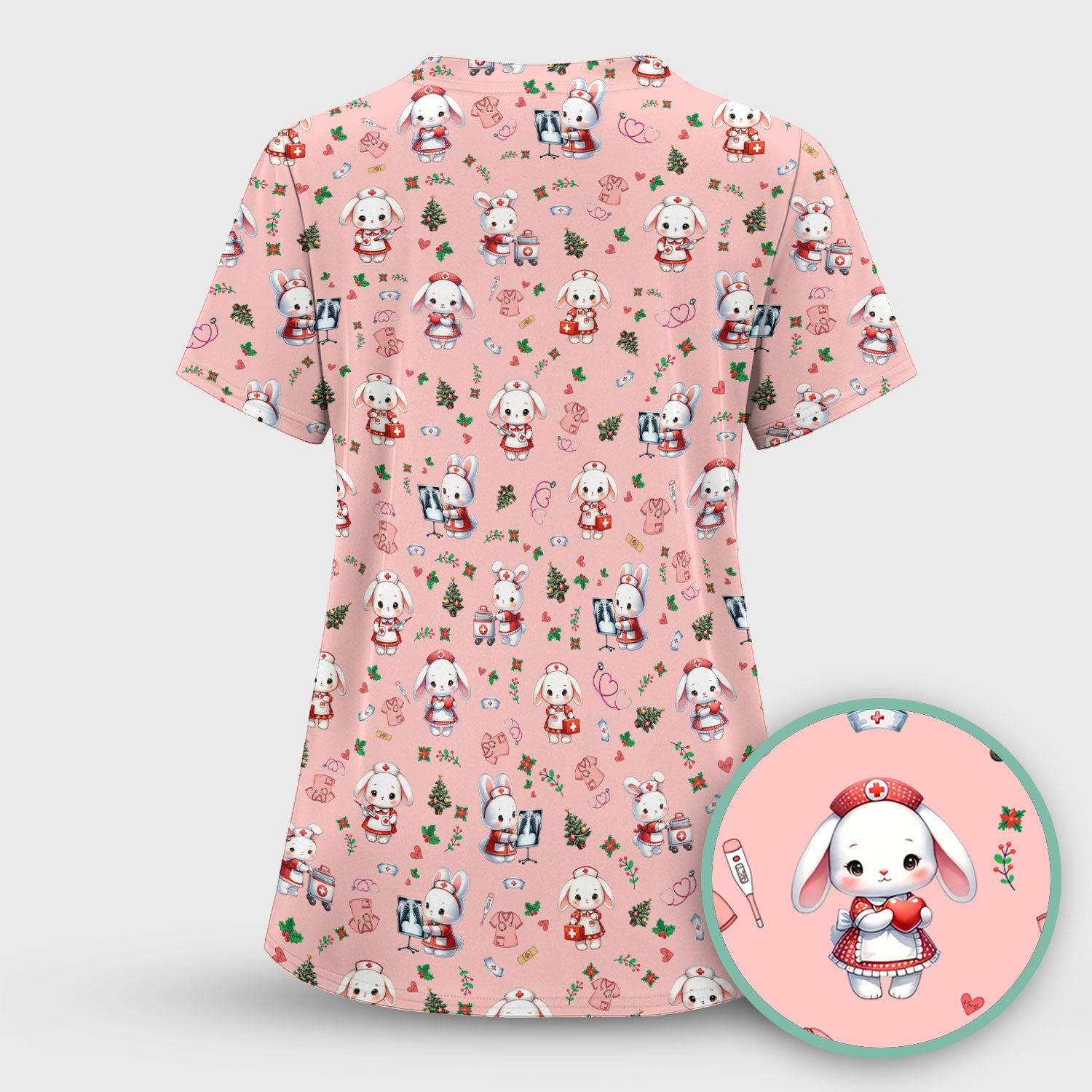 Cute Bunny Scrub Top for Nurse - Adorable Christmas Rabbit Shirt - Funny Holiday Medical Shirt Gift for Women RN LPN CNA