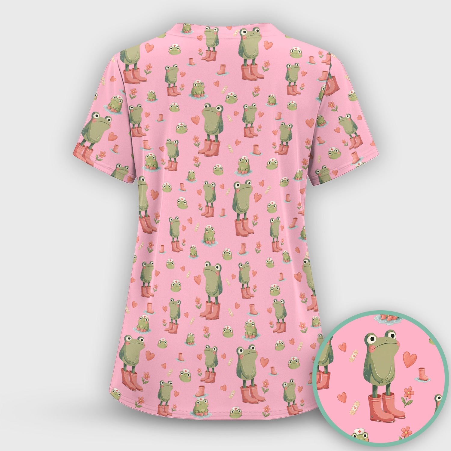 Adorable Frog Boots Heart Pattern Scrub Top, Comfortable Scrubs for Nurses