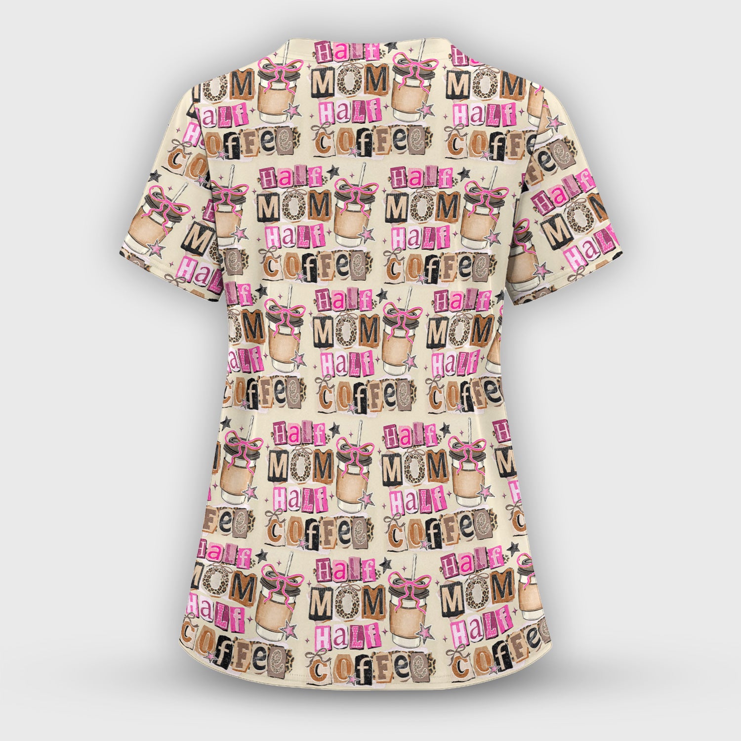 Half Mom Half Coffee Print Scrub Set, Scrub Pants and V Neck Top