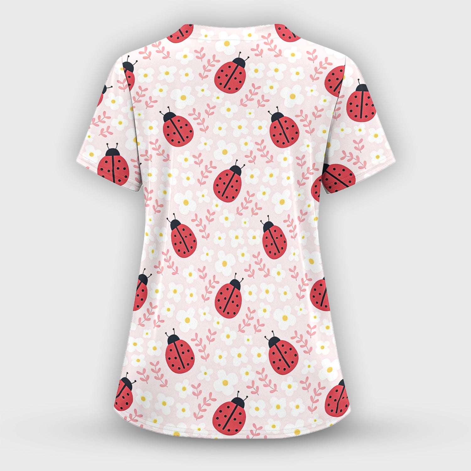 Lovely Ladybug Blossom Garden Print Scrub Top, Breathable Fabrics Nursing Uniform