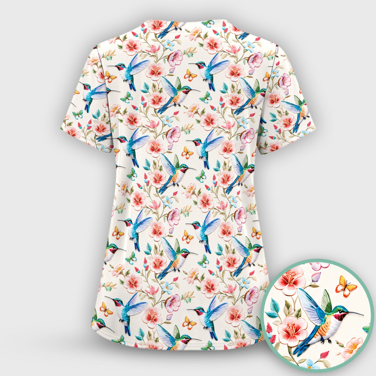 Hummingbird Blossom Butterfly Pattern Scrub Set, Scrub Pants and V Neck Top