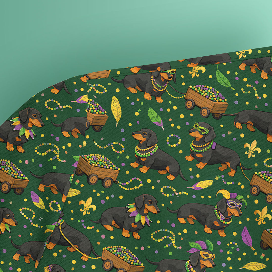 Funny Mardi Gras Dachshund Scrub Top, Festival Wiener Dog Pattern Nurse Shirt, Breathable Fabrics Nursing Uniform