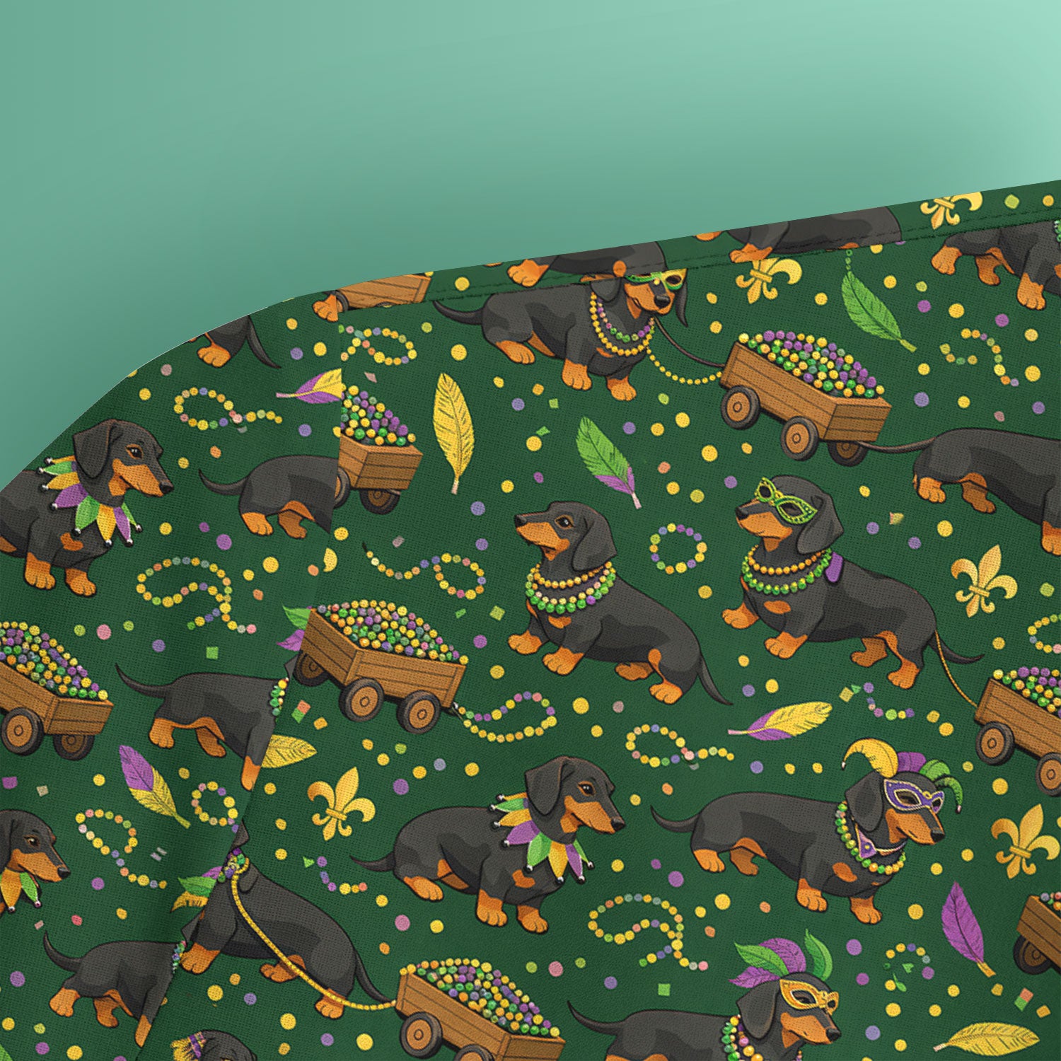 Funny Mardi Gras Dachshund Scrub Top, Festival Wiener Dog Pattern Nurse Shirt, Breathable Fabrics Nursing Uniform