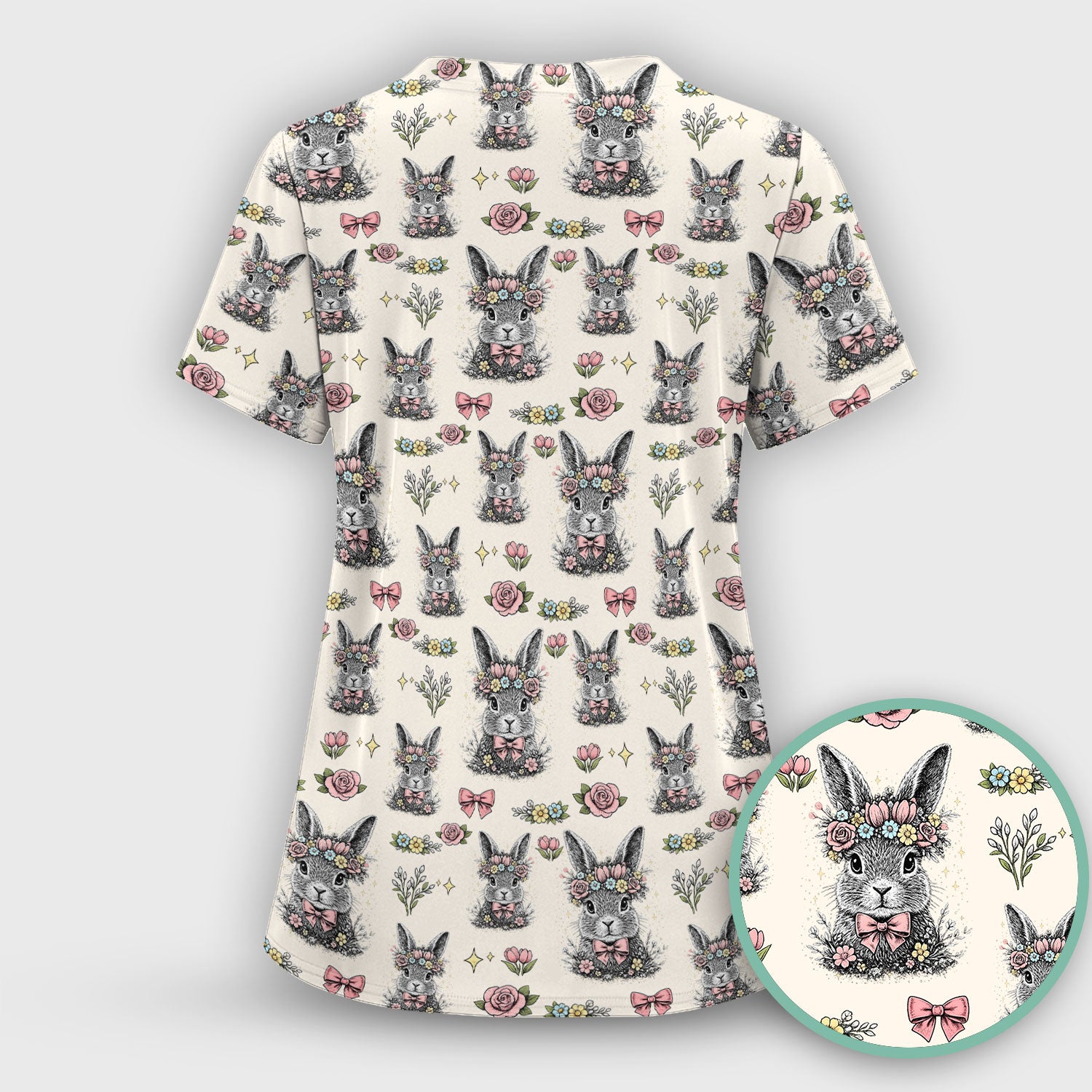 Vintage Floral Bunny Print Scrub Set, Scrub Pants and V Neck Top