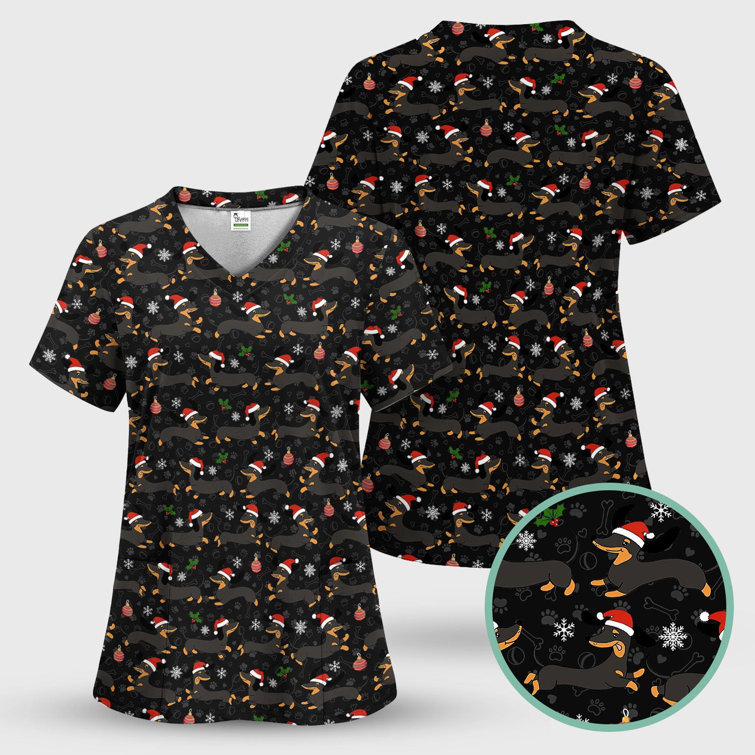 Festive Dachshund Scrub Top for Women - Christmas Sausage Dog Santa Hat Print - Cute Holiday Nurse Medical Uniform RN LPN CNA