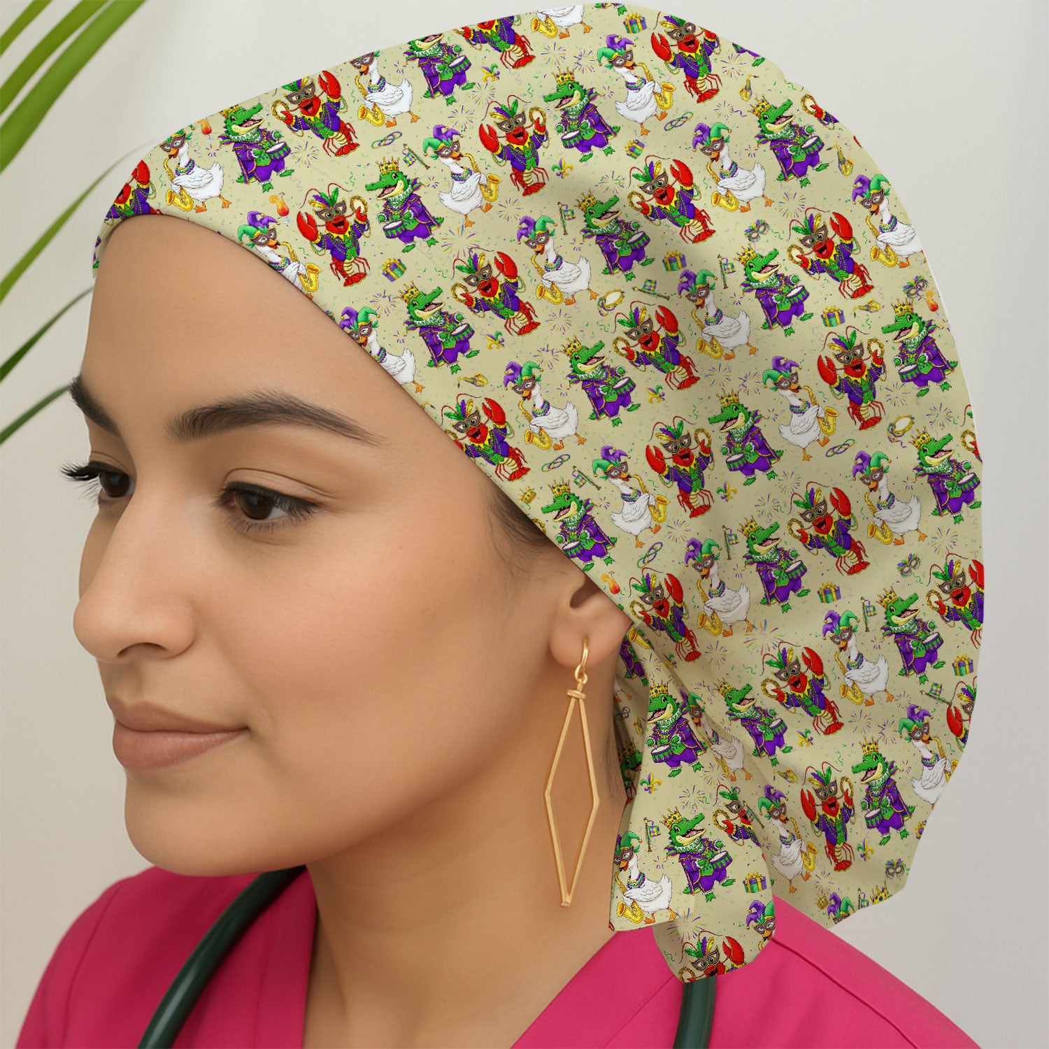 Crawfish And Duck Carnival Scrub Cap, Mardi Gras Parade Pattern Nurse Hat, Breathable Fabrics Nursing Uniform