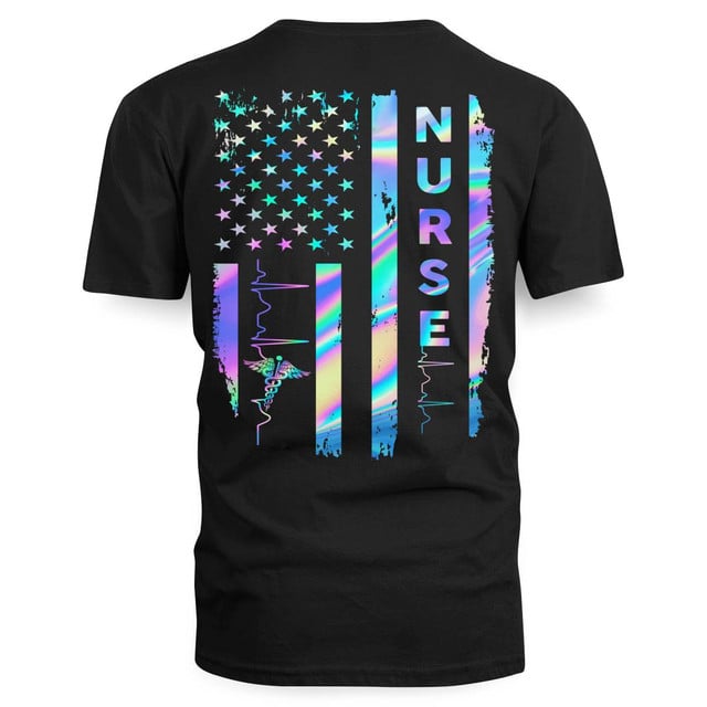Nurse American Flag Shirt for Women – Holographic USA Stars Stripes with Heartbeat & Caduceus – Patriotic Gift for RN LPN CNA Healthcare Workers