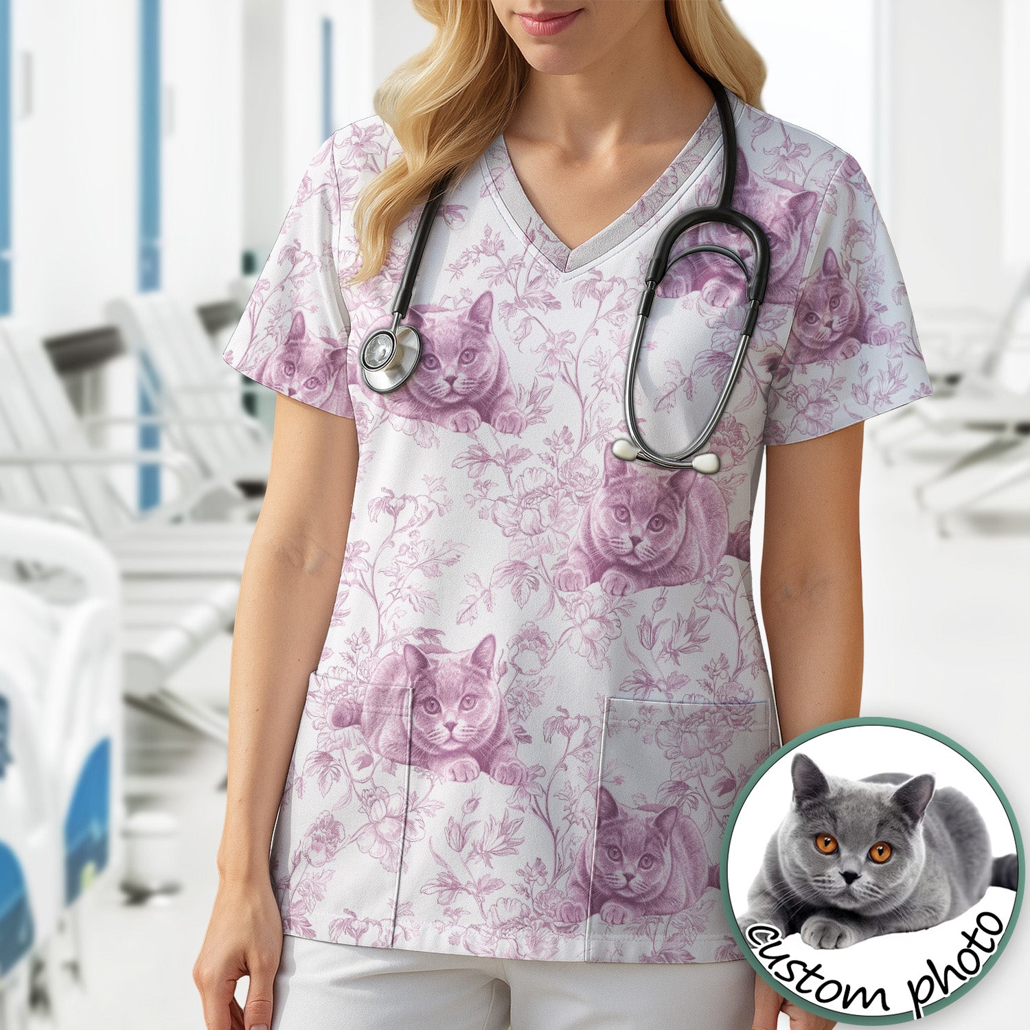 Custom Dog Cat Style Chinoiserie Pattern Scrubs Top, Comfortable Scrubs for Nurses