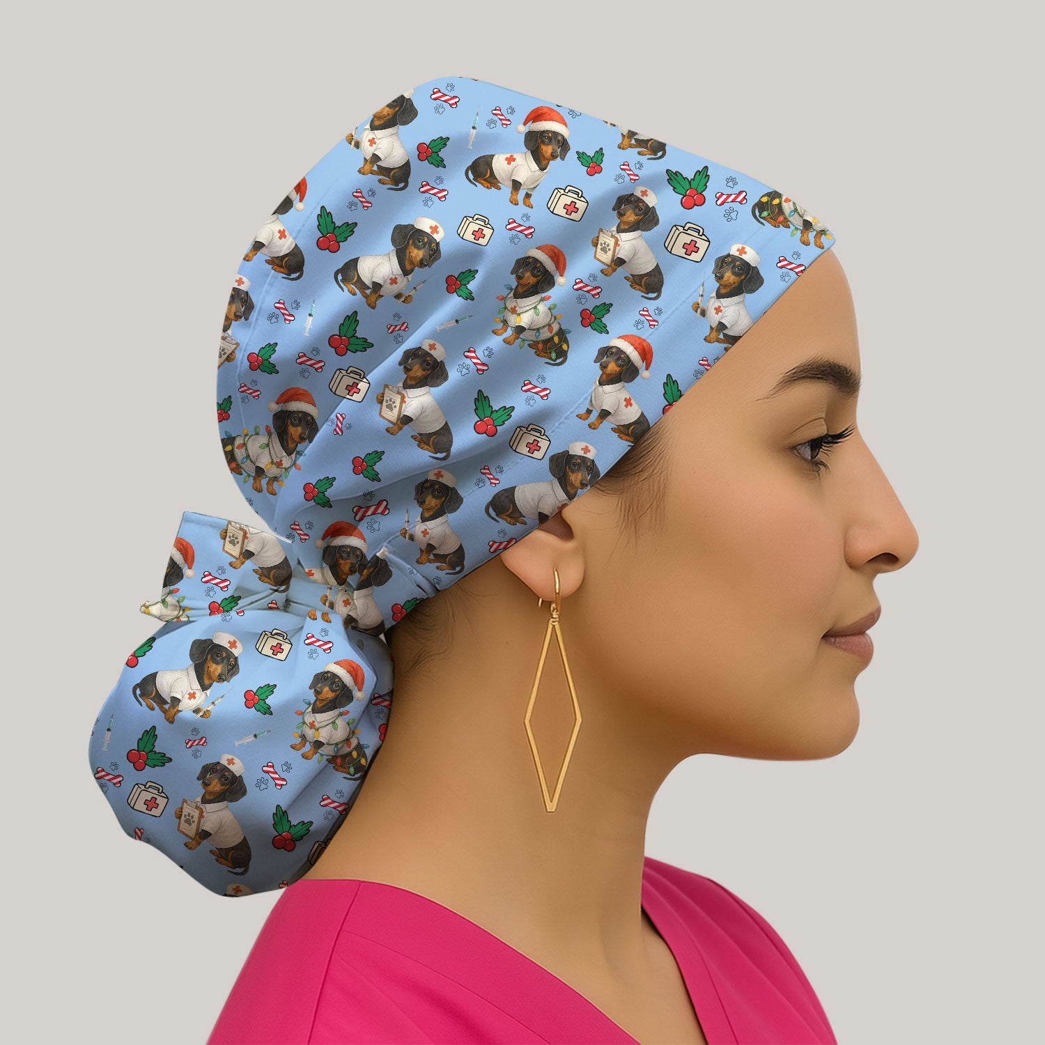 Custom Christmas Nurse Scrub Cap - Dachshund Dog Surgical Hat Multi Color - Funny Holiday Bouffant Cap for Women Nurses