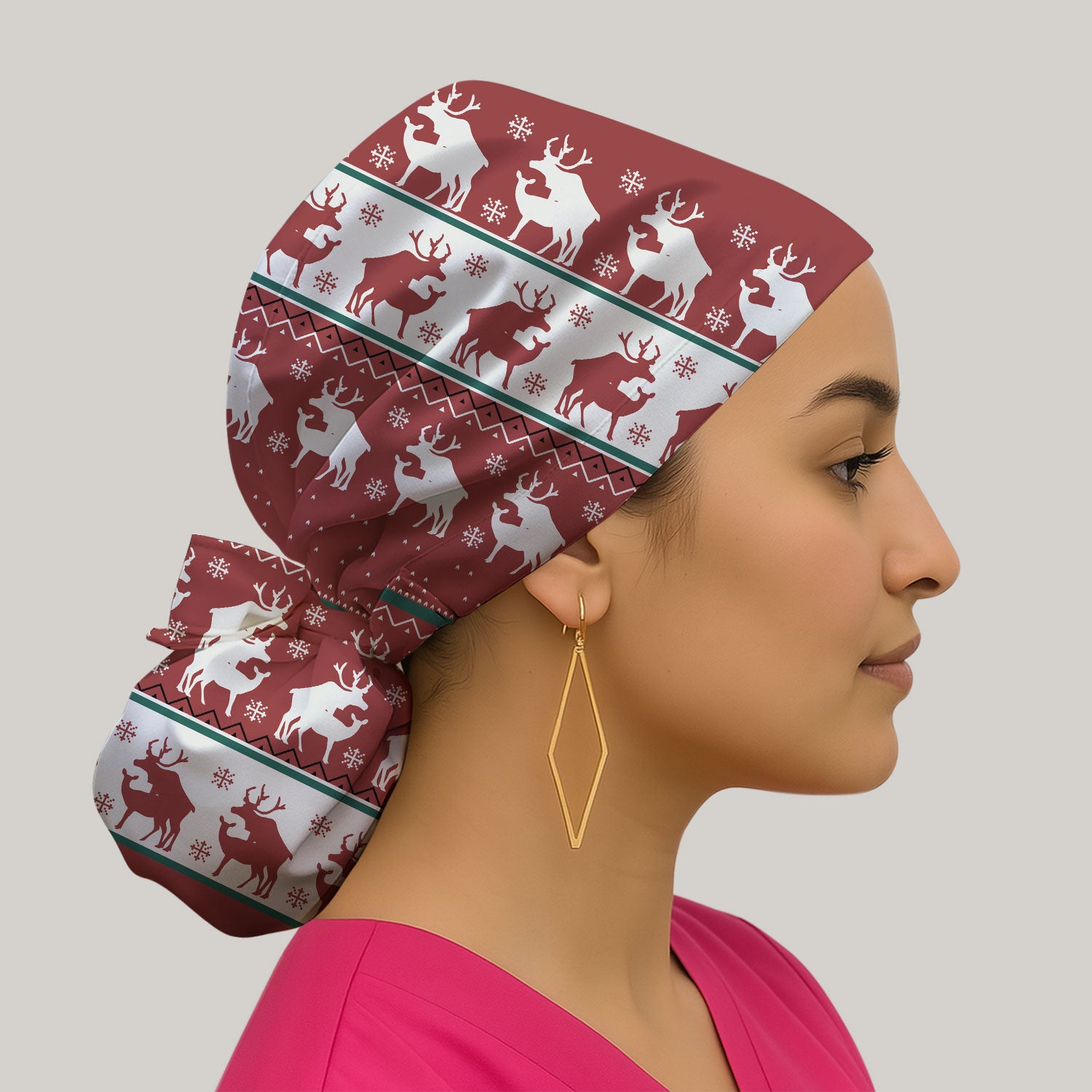 Reindeer Christmas Bouffant Scrub Cap for Women – Festive Cap for Nurses, Holiday Medical Gift