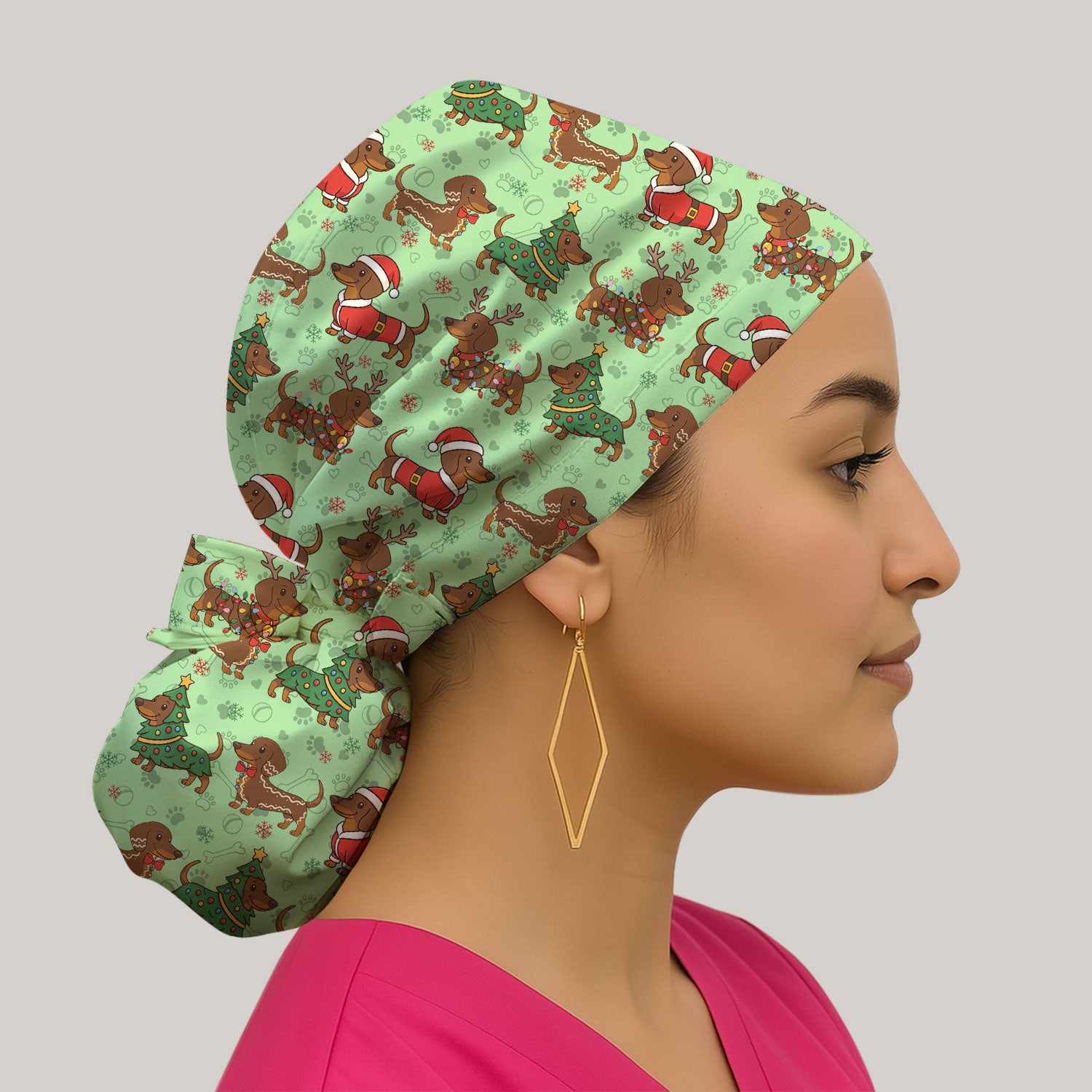 Christmas Dachshund Scrub Cap - Sausage Dog Wiener Holiday Surgical Hat Multi Color - Xmas Gift for RN CNA LPN