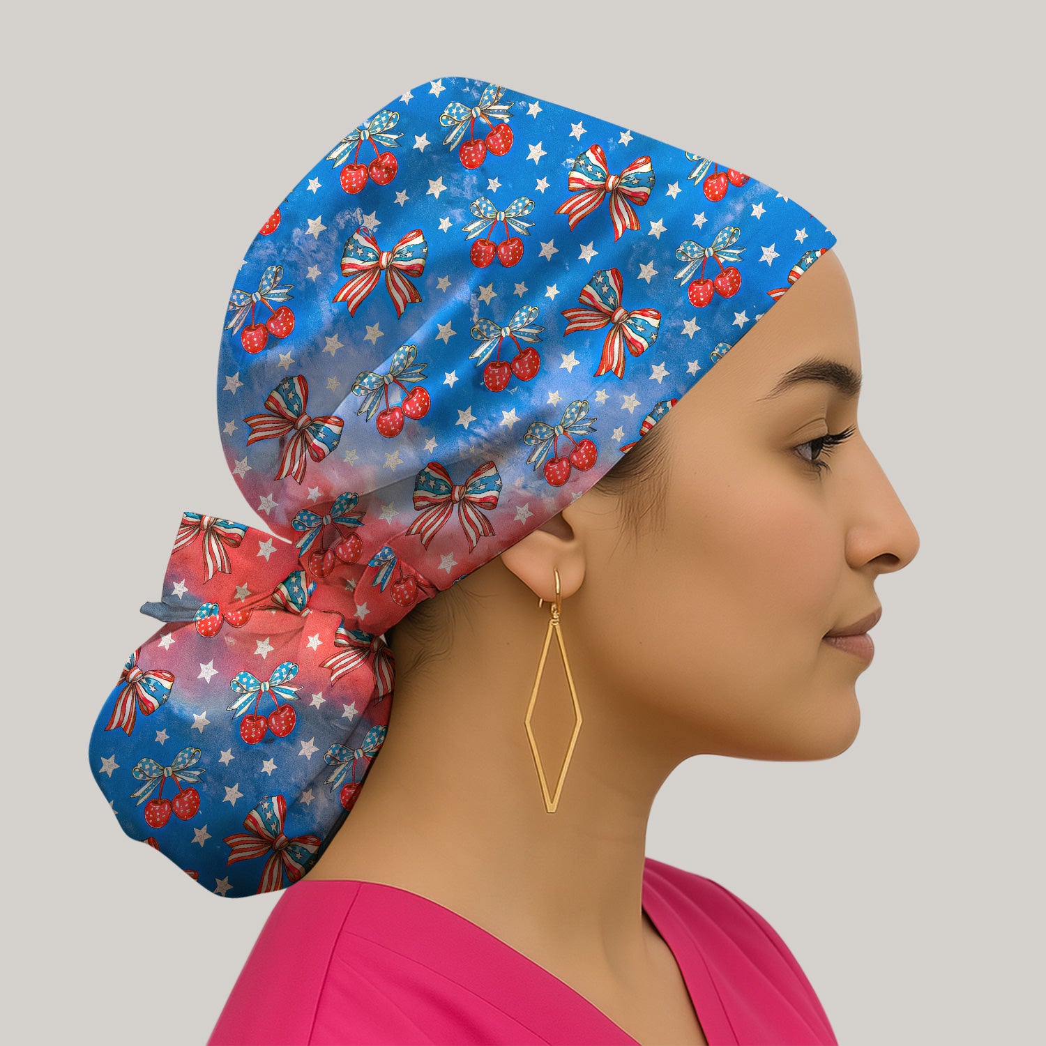 Festive Patriotic Star Bow Cherry Pattern Nurse Scrub Cap, Surgical Caps for Doctors
