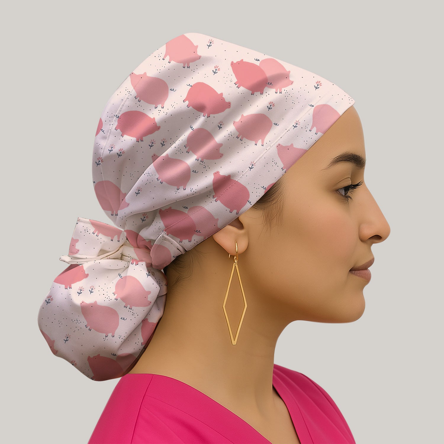 Pink Pig Farm Pattern Print Cap, Bouffant Scrub Caps for Women