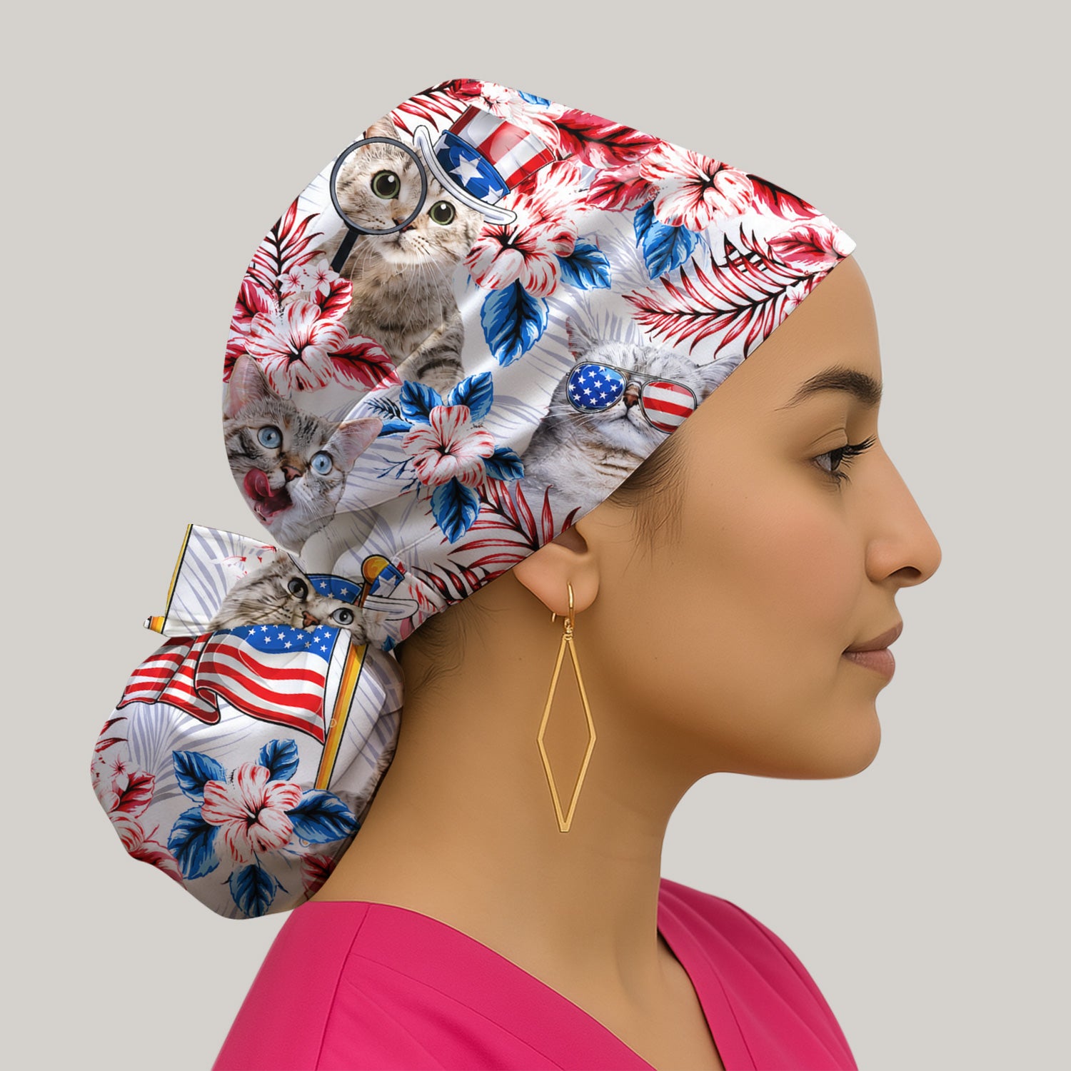 Patriotic Cat with USA Flag Scrub Cap, Surgical Caps for Doctors