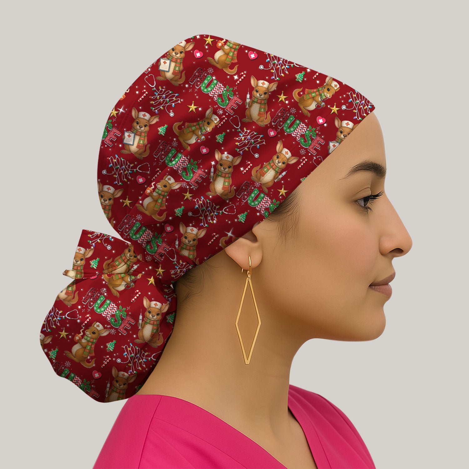 Aussie Kangaroo Christm Bouffant Scrub Caps for Women - Funny Holiday Nursing Gift - Breathable Fabrics Caps Uniform