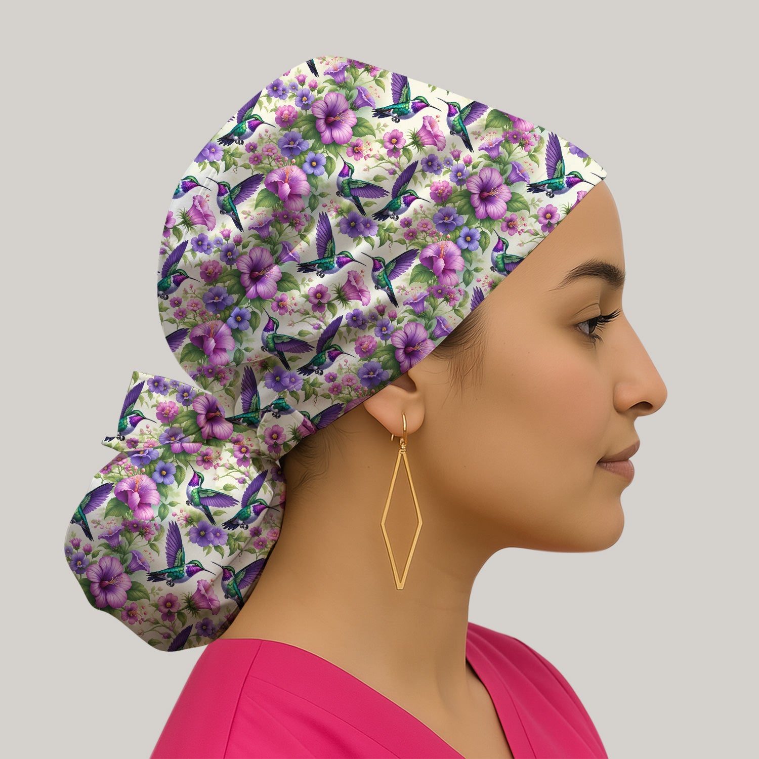 Purple Hummingbird Hibiscus Floral Pattern Scrub Cap, Surgical Caps for Doctors