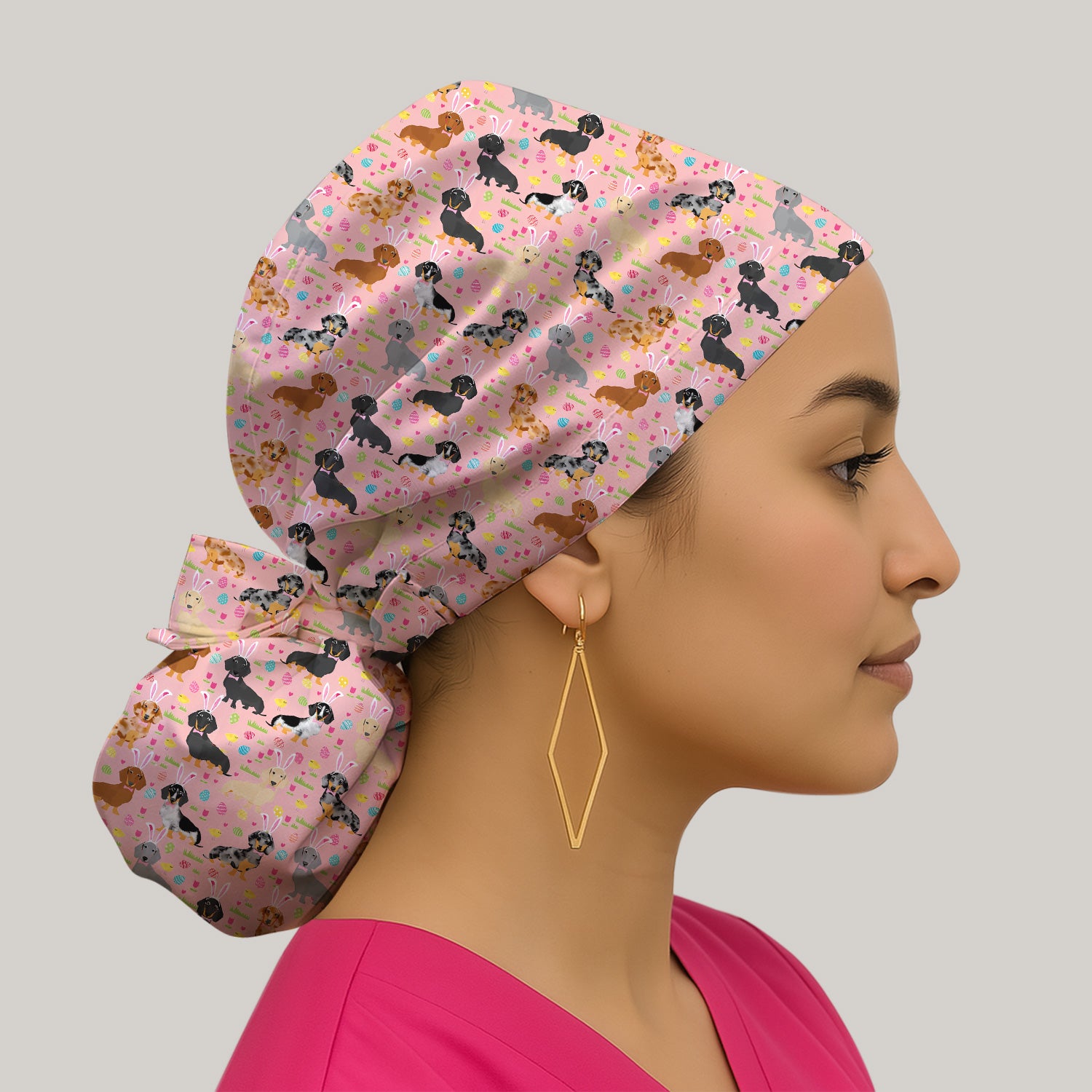 Easter Dachshund Dog Pattern Print Cap, Bouffant Scrub Caps for Women