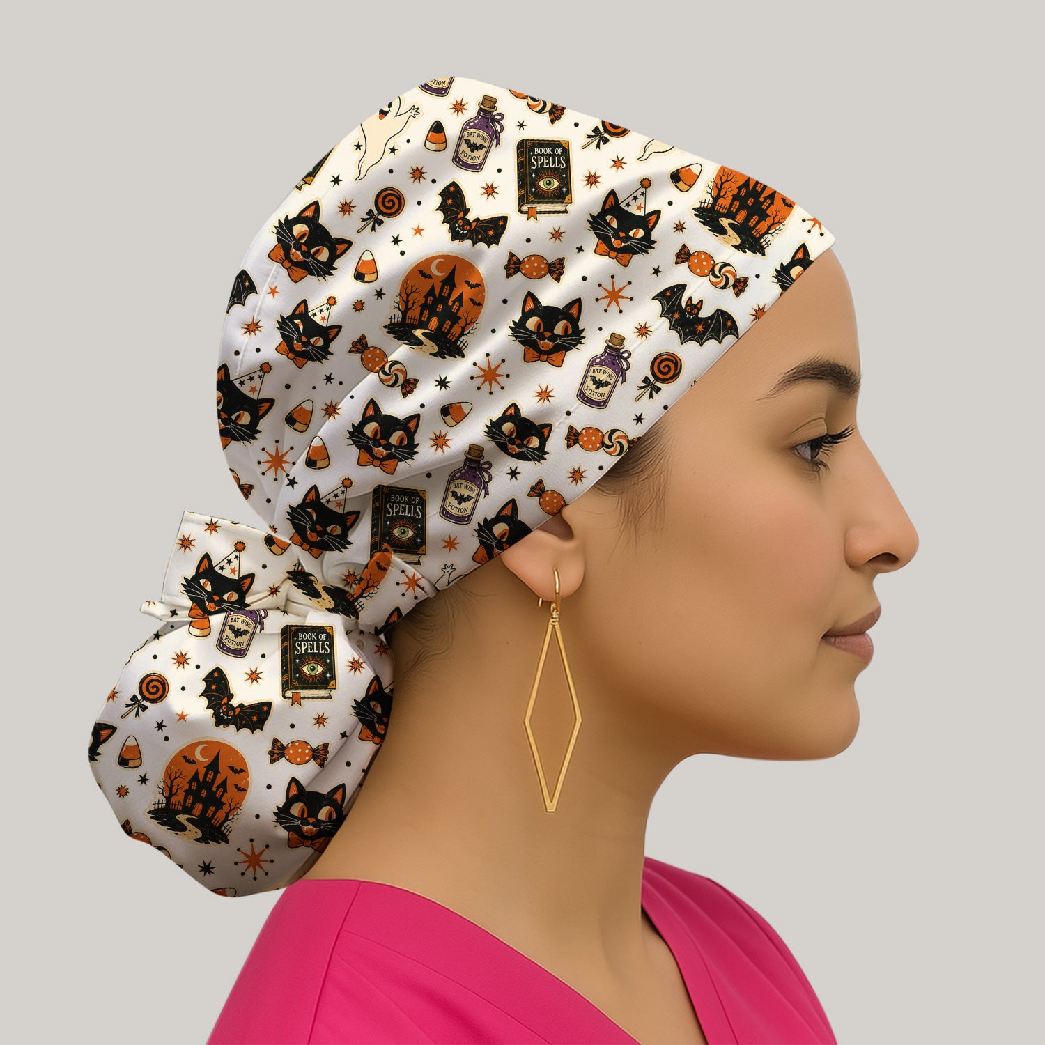 Halloween Black Cat with Ghost Candy Print Scrub Cap, Surgical Caps for Doctors