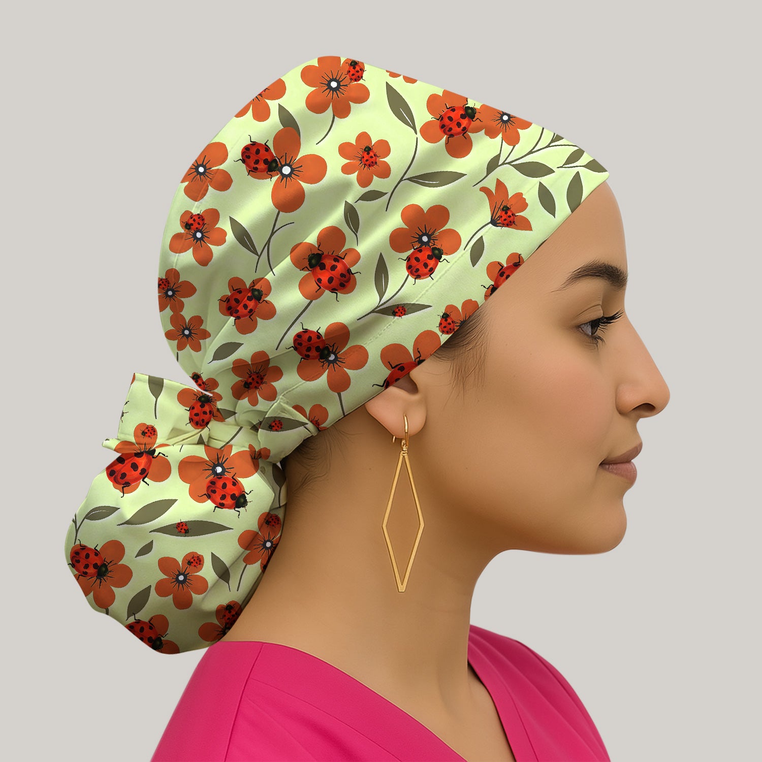 Ladybug on Orange Floral Garden Pattern Scrub Cap, Surgical Caps for Doctors