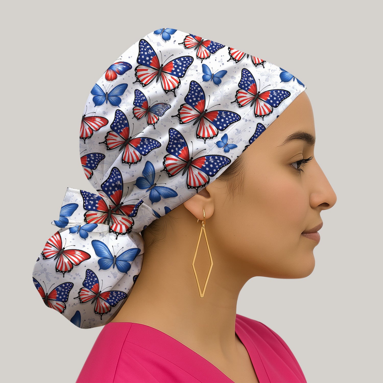 Charming Patriotic Butterfly Star Pattern Scrub Cap, Breathable Fabrics Caps Uniform