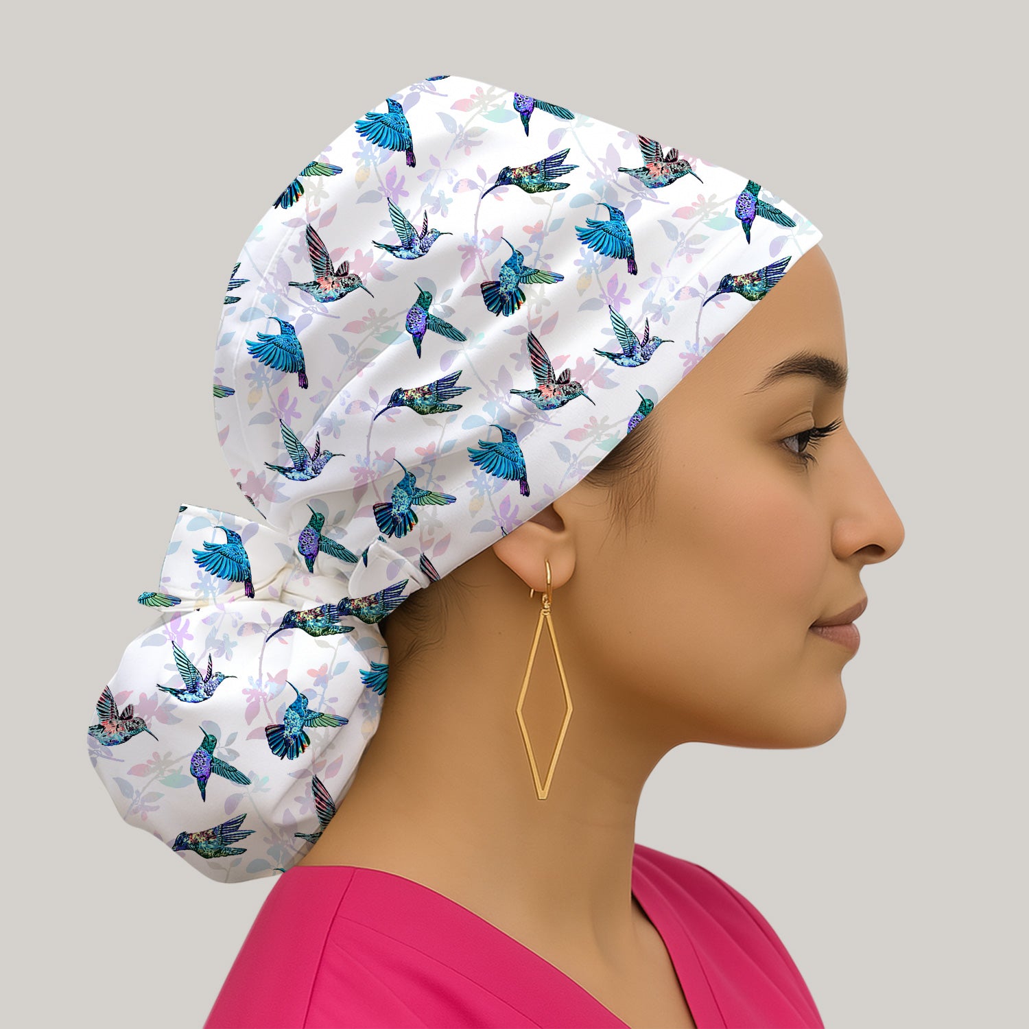 Cute Hummingbird Floral Scrub Cap - Colorful Flying Birds & Floral Design - Gift for RN LPN CNA