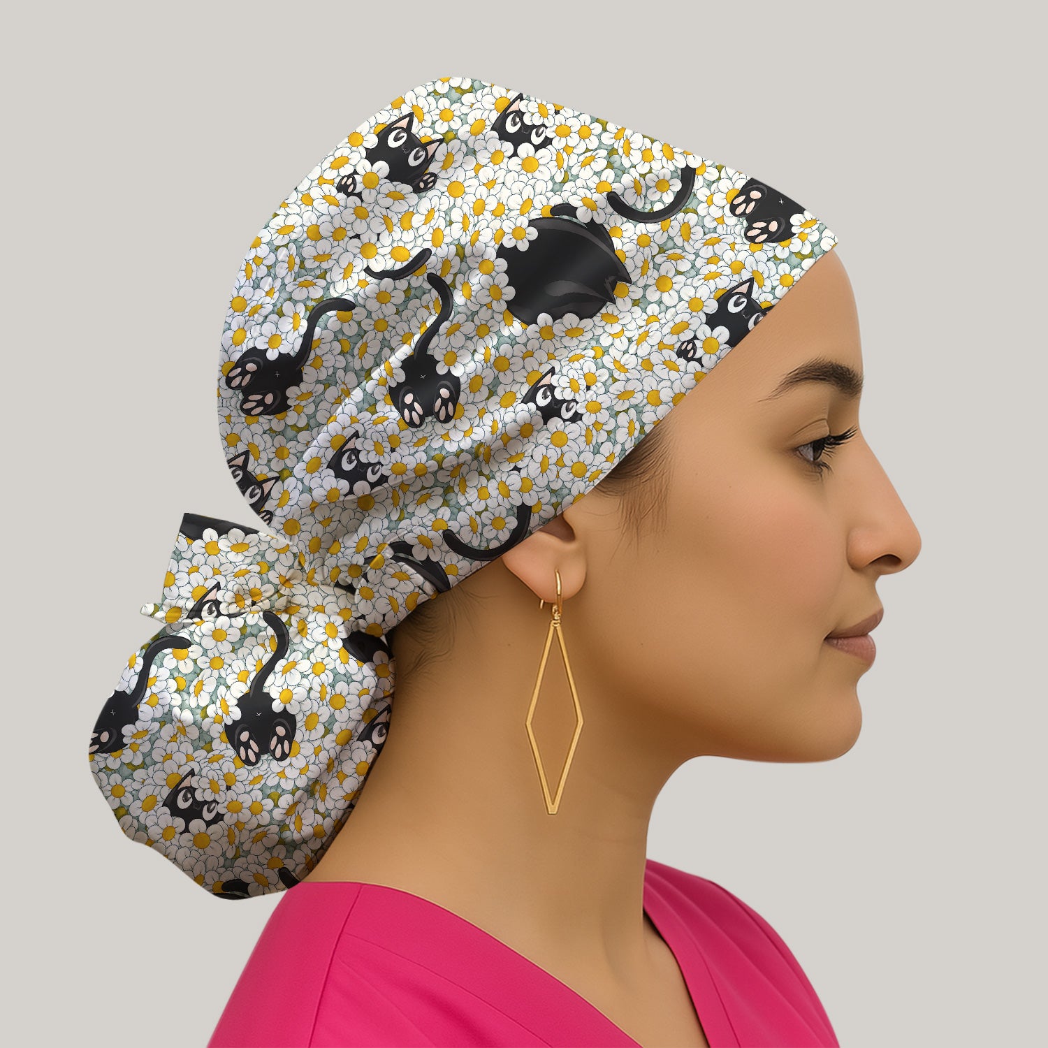 Daisy Black Cat Nurse Pattern Scrub Cap, Surgical Caps for Doctors