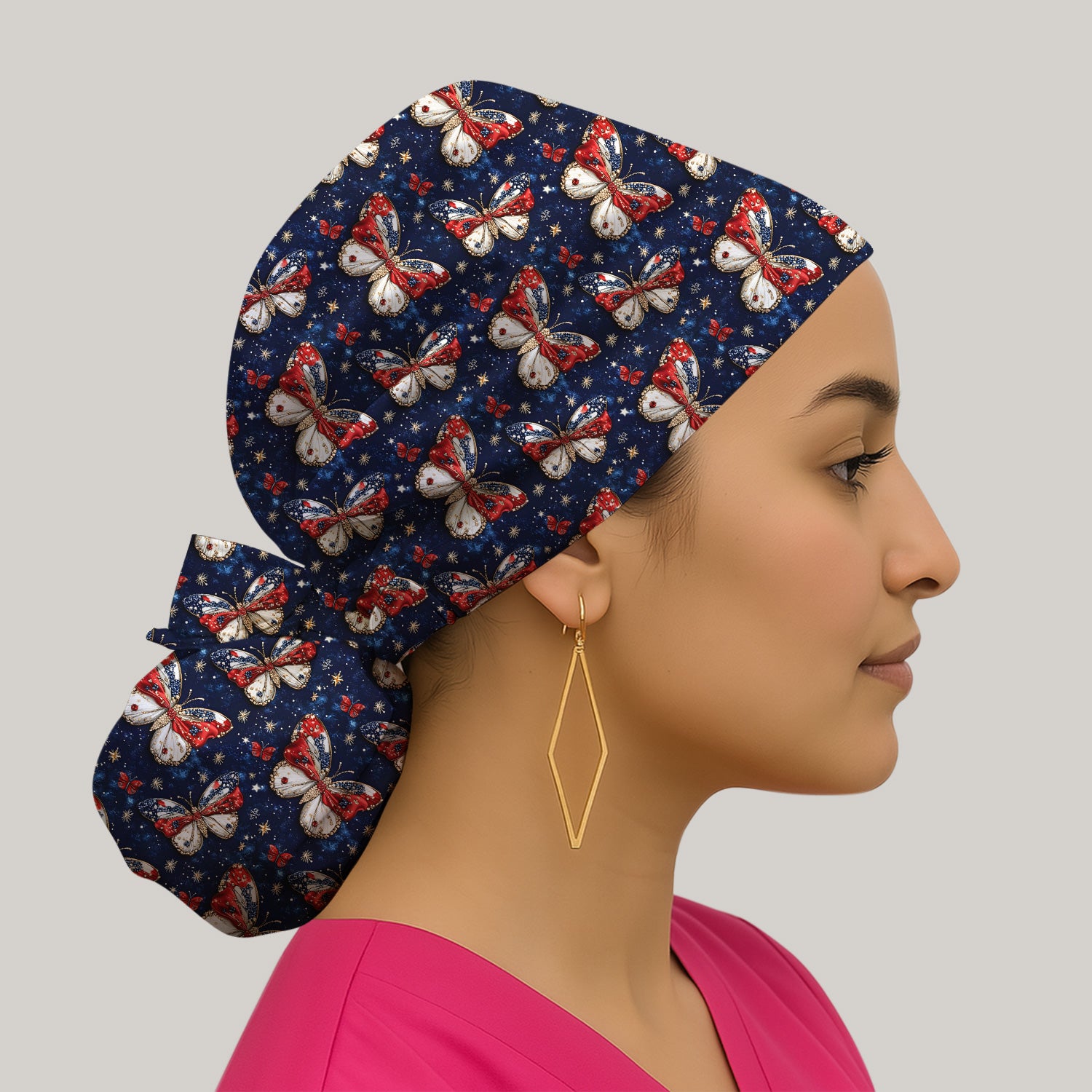 Patriotic Butterfly Nurse for RN & CNA, Americana Stars Healthcare Workers Uniform Scrub Cap, Surgical Caps for Doctors