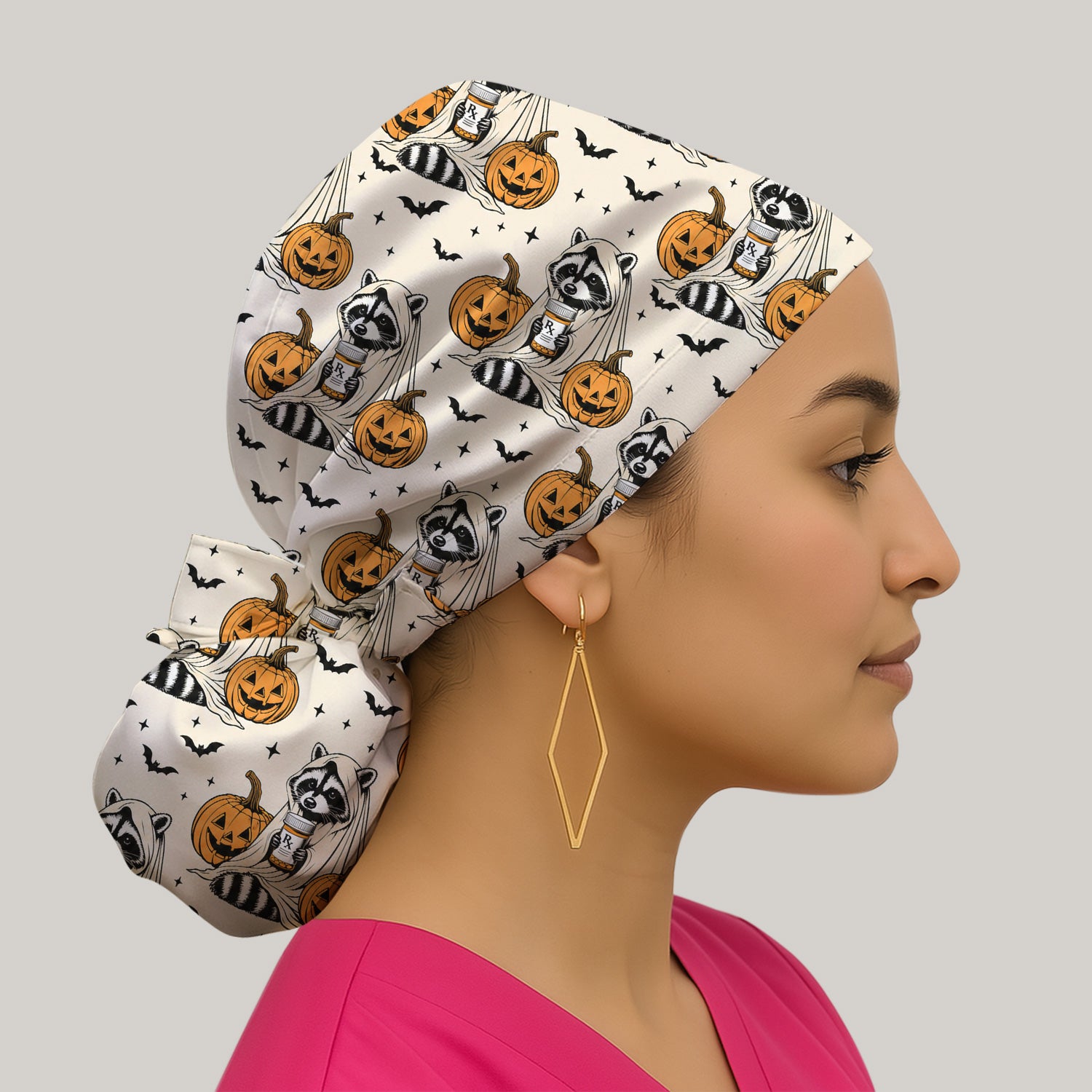 Halloween Raccoon with Pumpkin Bat Print Scrub Cap, Surgical Caps for Doctors