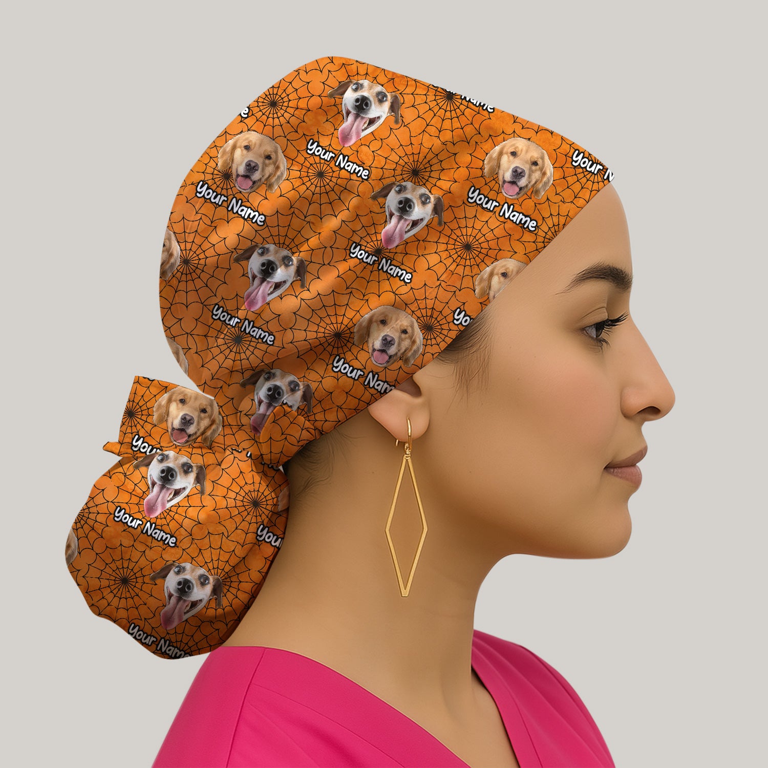 Personalized Halloween Dog Photo Spiderweb Scrub Cap, Surgical Caps for Doctors
