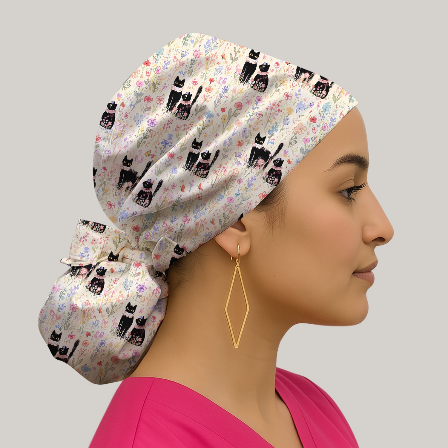 Cute Black Cats Wildflower Garden Pattern Nurse Scrub Cap, Surgical Caps for Doctors
