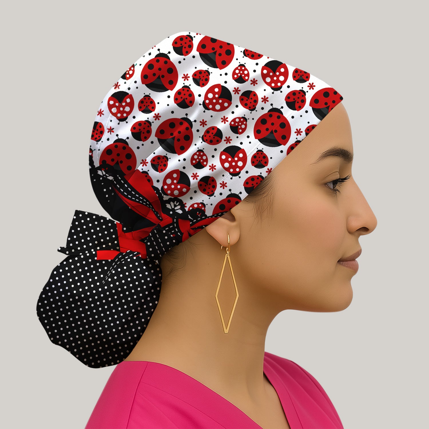 Cute Ladybug Red Ribbon Polka Pattern Scrub Cap, Surgical Caps for Doctors