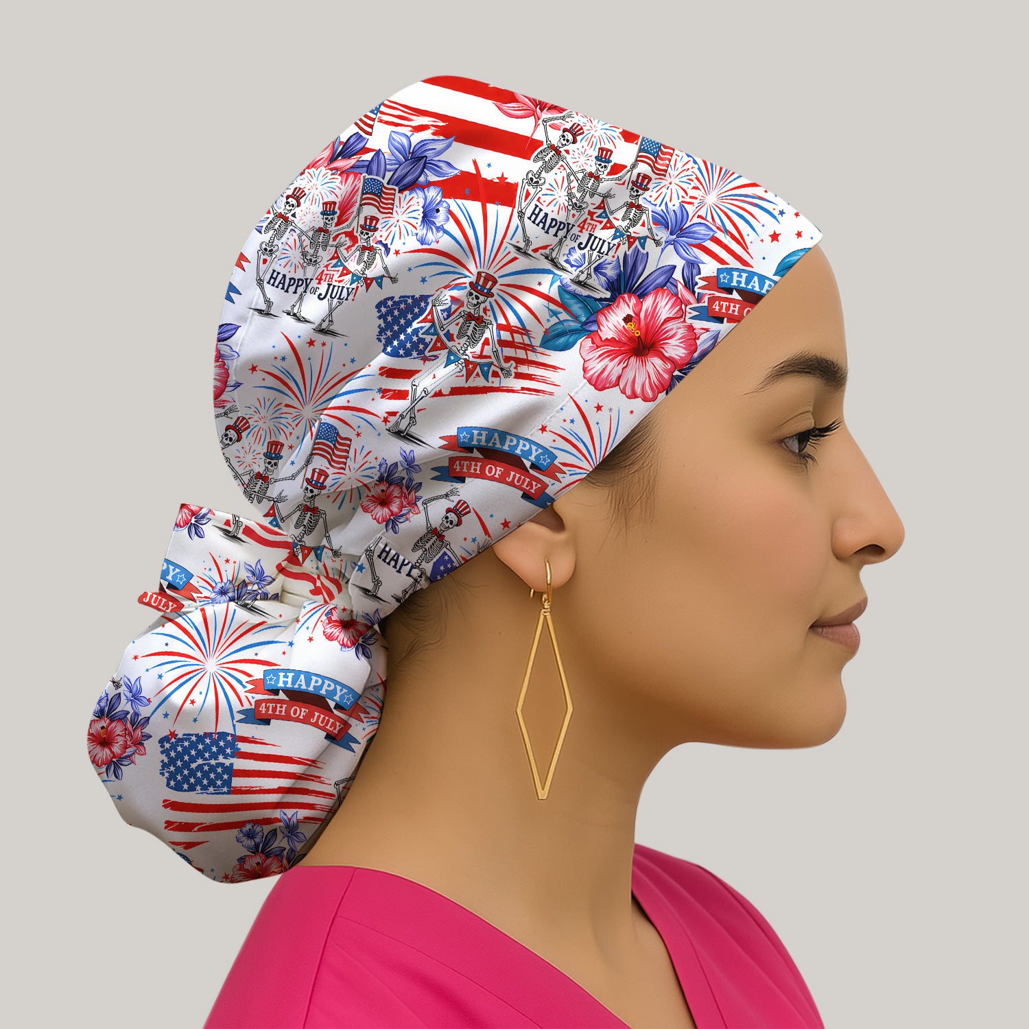 Funny 4th Of July Skeleton Nurse for RN & CNA, Patriotic Fireworks Medical Uniform Scrub Cap, Surgical Caps for Doctors