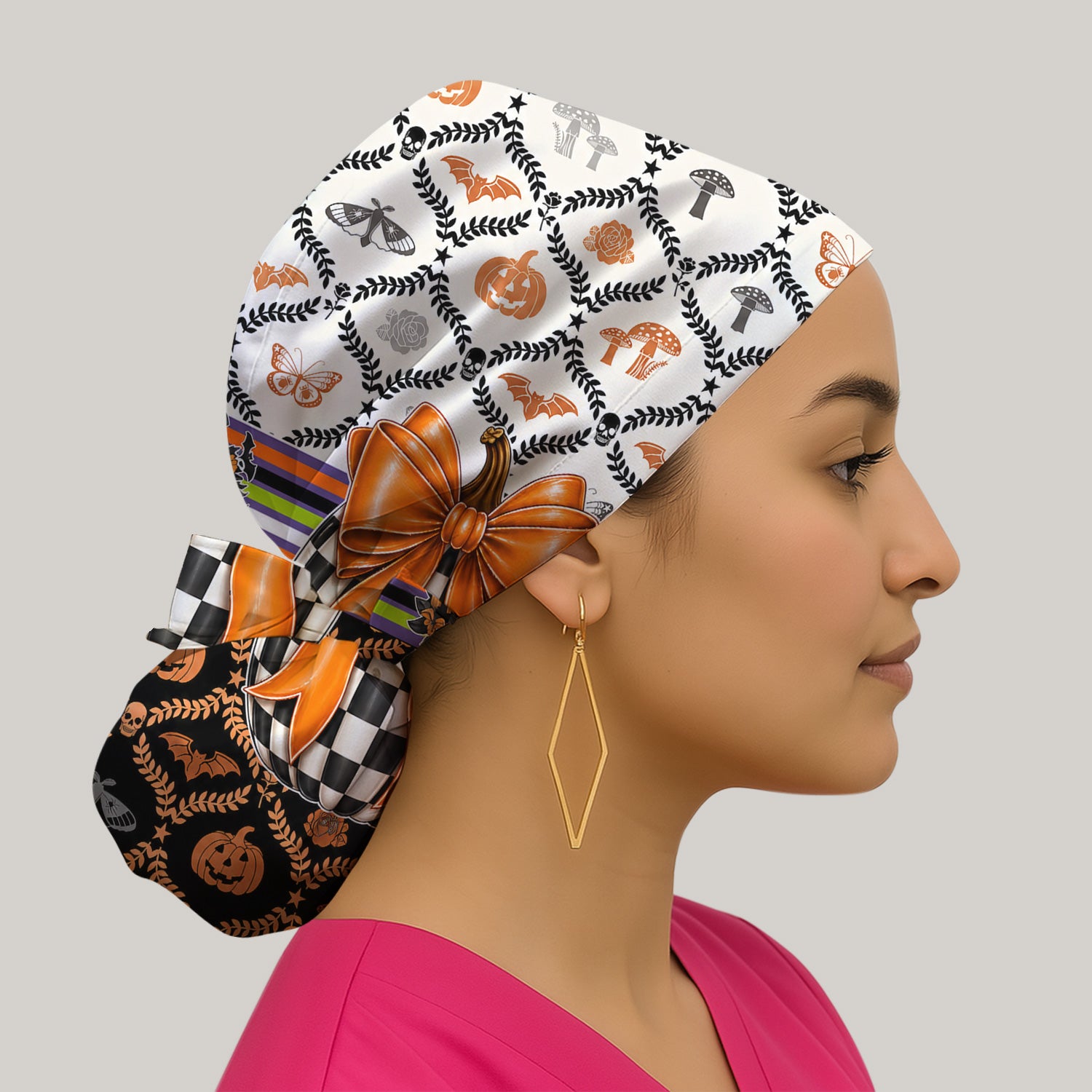 Halloween Checkered Pumpkin With Bow Pattern Scrub Cap, Surgical Caps for Doctors