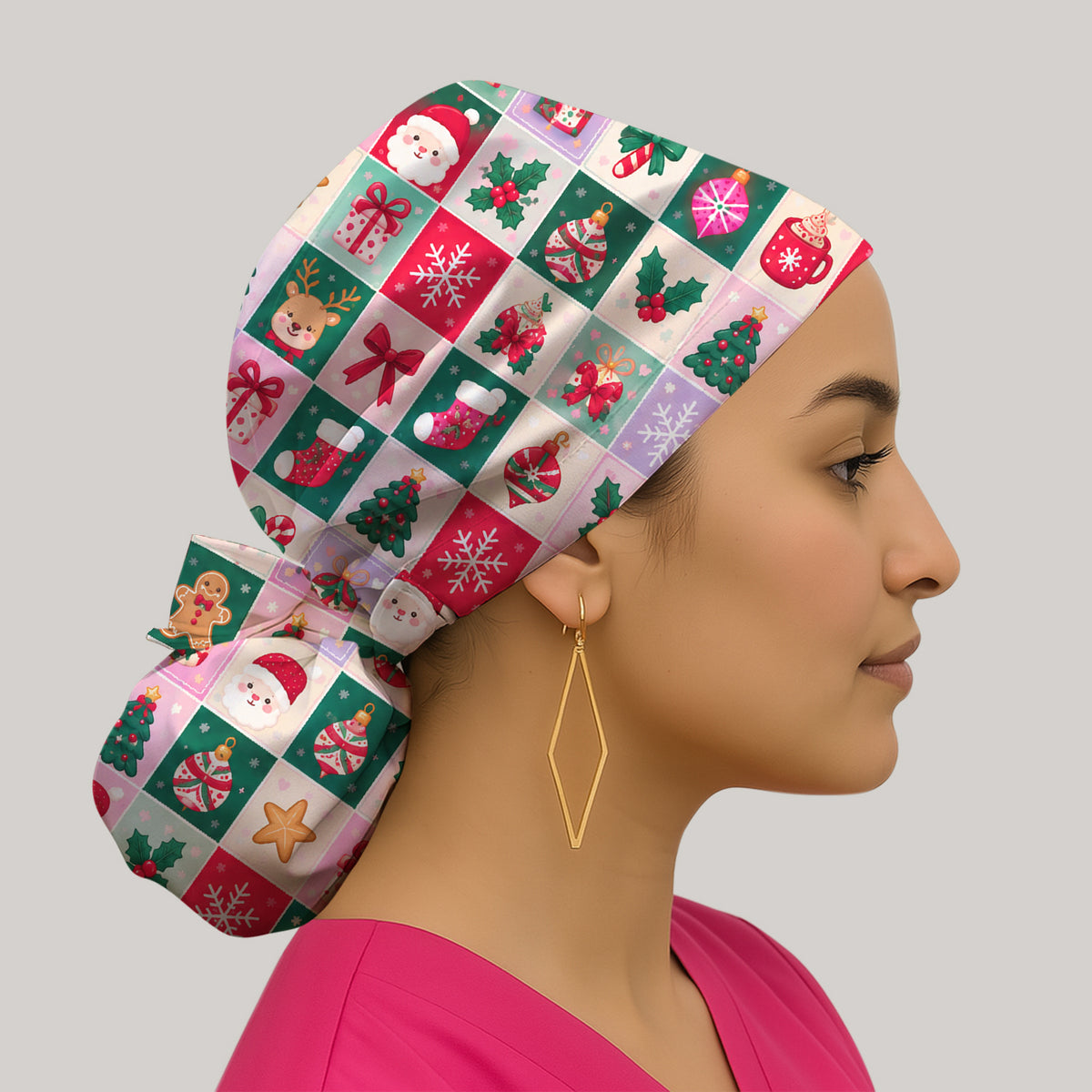 Cute Christmas Santa Patchwork Scrub Cap, Surgical Caps for Doctors