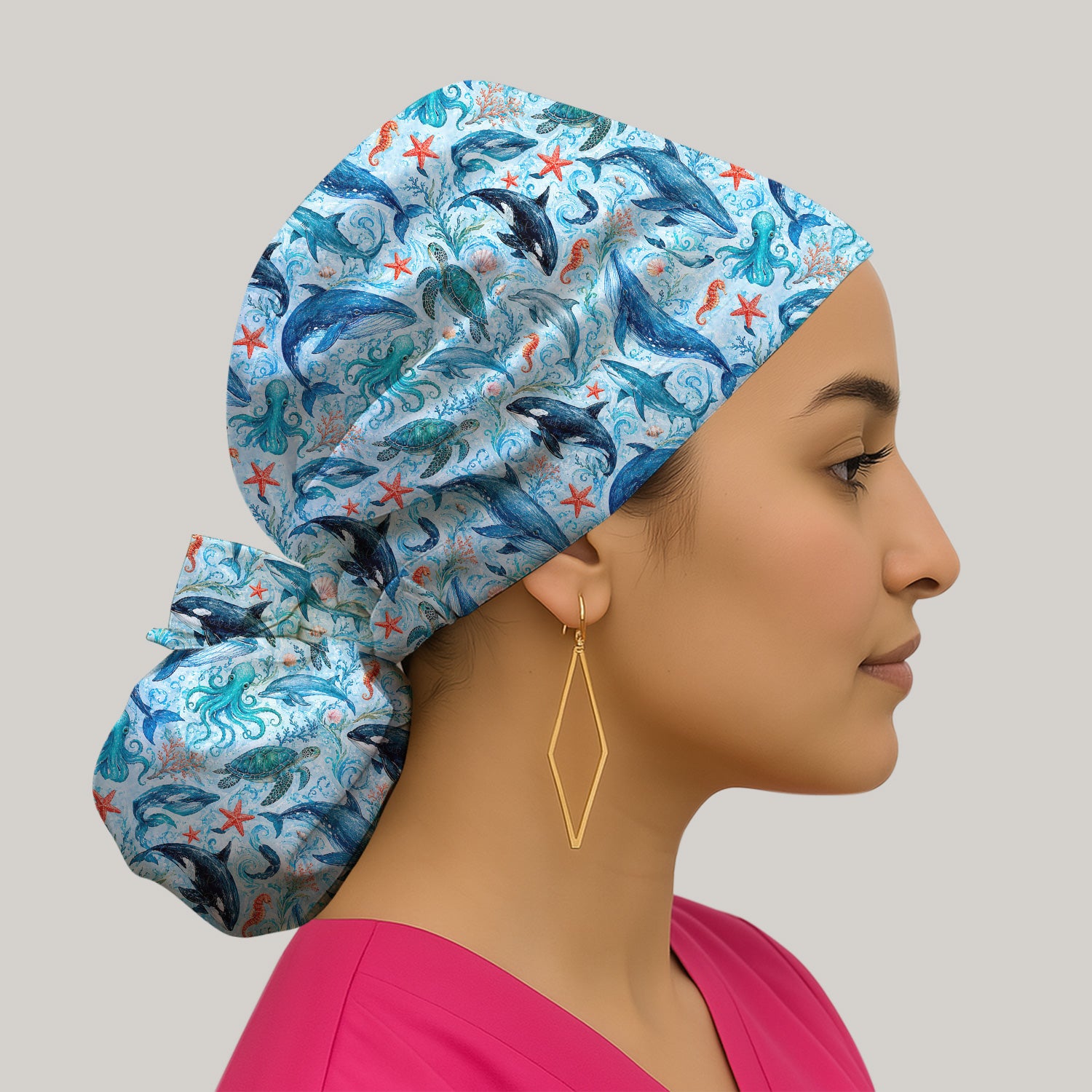 Watercolor Ocean Wildlife Scene Pattern Scrub Cap, Surgical Caps for Doctors