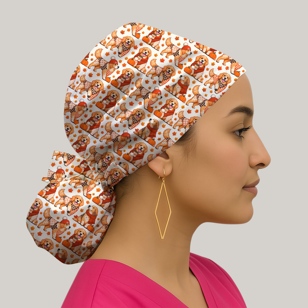 Fall Golden Retriever And Pumpkin Scrub Cap, Surgical Caps for Nurses