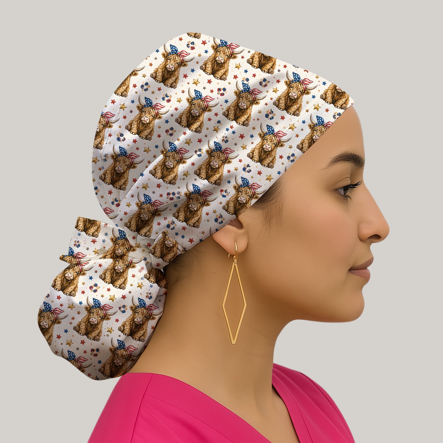 Patriotic Highland Cow Nurse for RN & CNA, Americana Farm Animal Healthcare Workers Medical Uniform Scrub Cap, Surgical Caps for Doctors