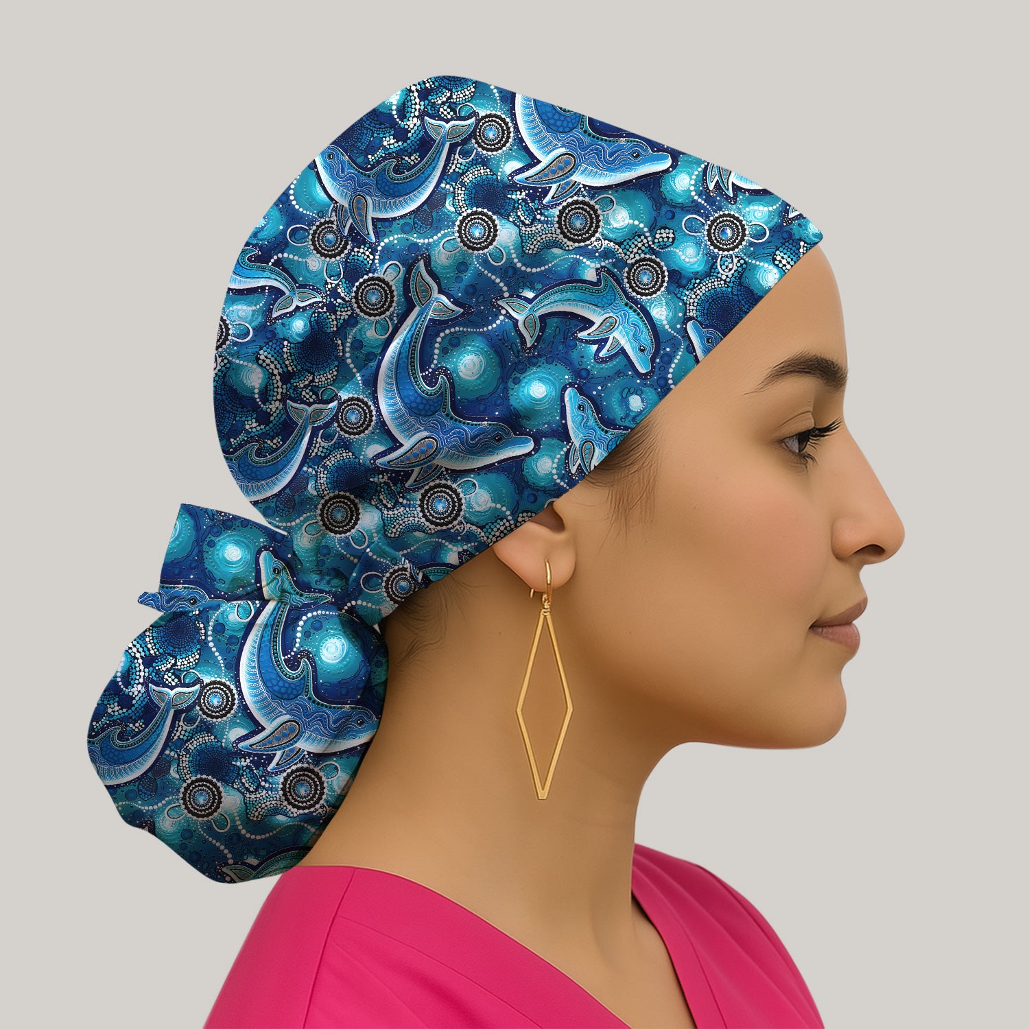 Ocean Dolphin Aboriginal Dot Print Scrub Cap, Surgical Caps for Doctors