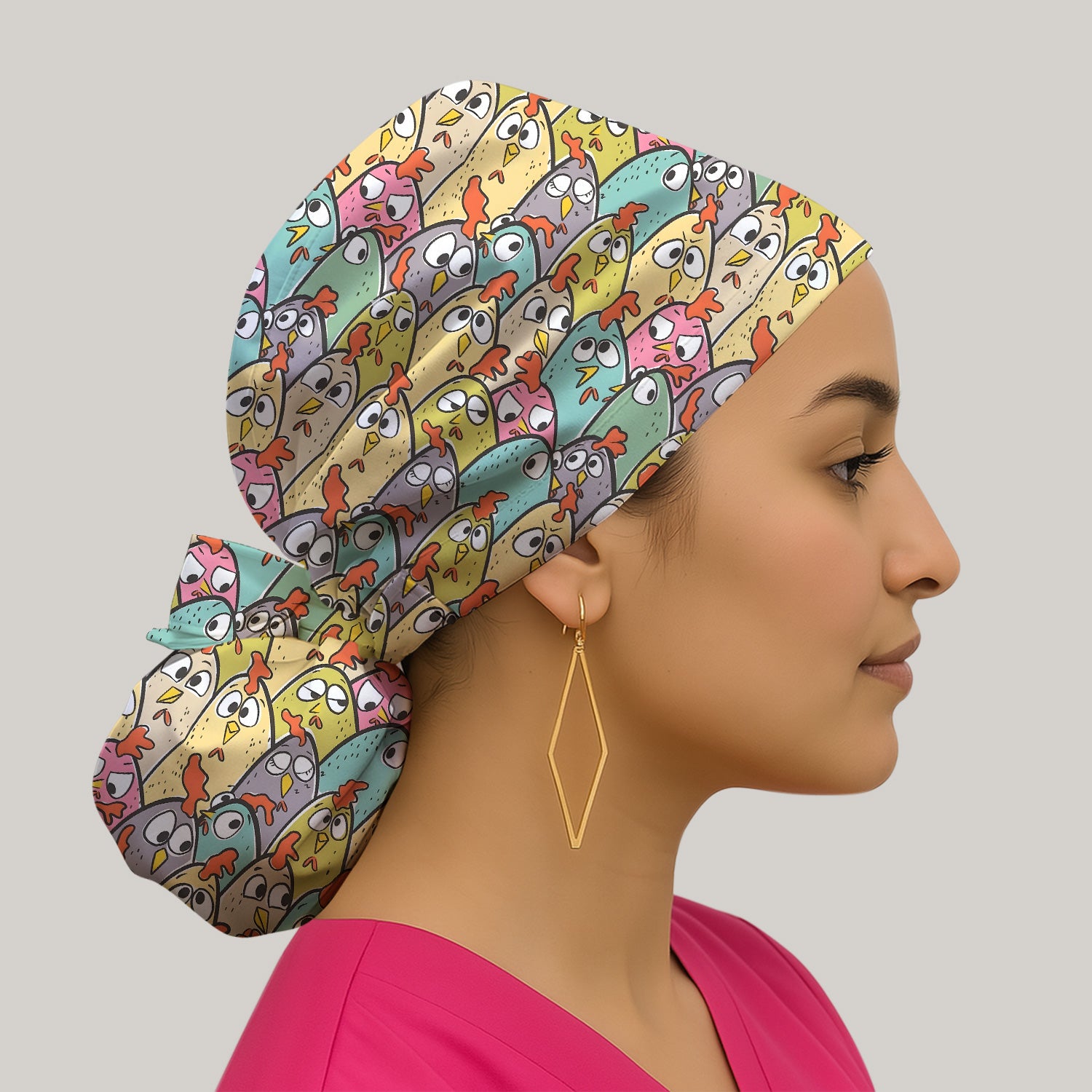 Funny Cartoon Chicken Crowd Pattern Scrub Cap, Bouffant Scrub Caps for Women