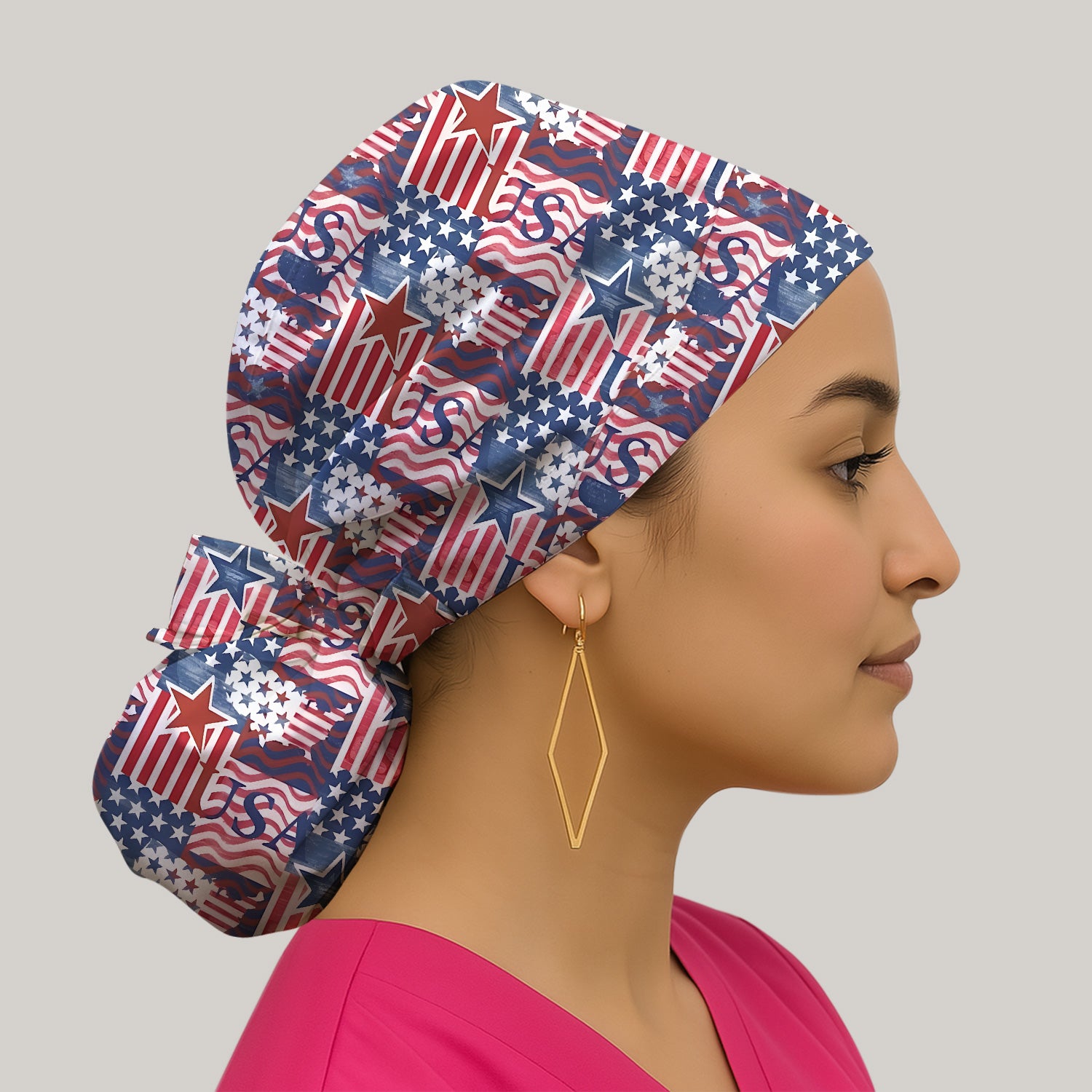 Patriotic USA Star Patchwork Pattern Scrub Cap, Surgical Caps for Doctors