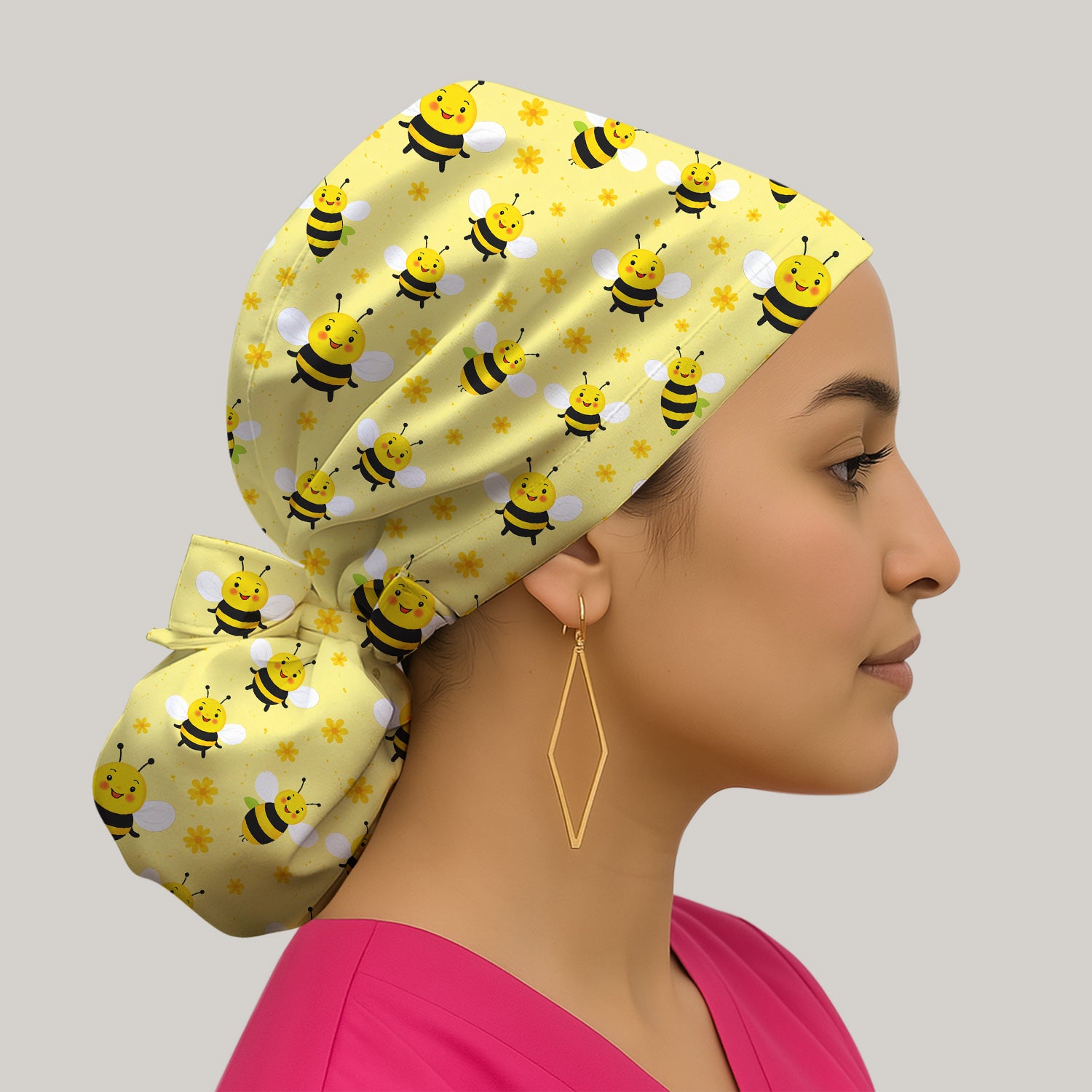 Cute Smiling Bee Yellow Floral Print Caps, Surgical Caps for Doctors