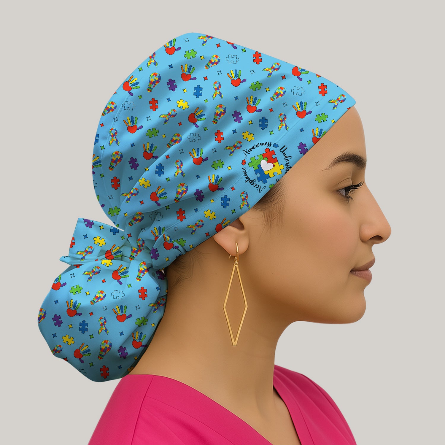 Autism Awareness Colorful Puzzle Pattern Print Cap, Bouffant Scrub Caps for Women