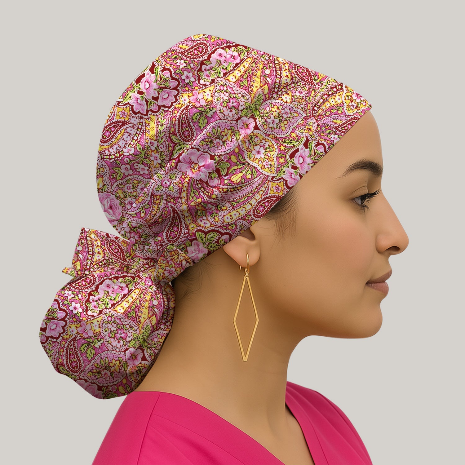 Pink Floral Paisley Blossom Print Scrub Cap, Bouffant Scrub Caps for Women
