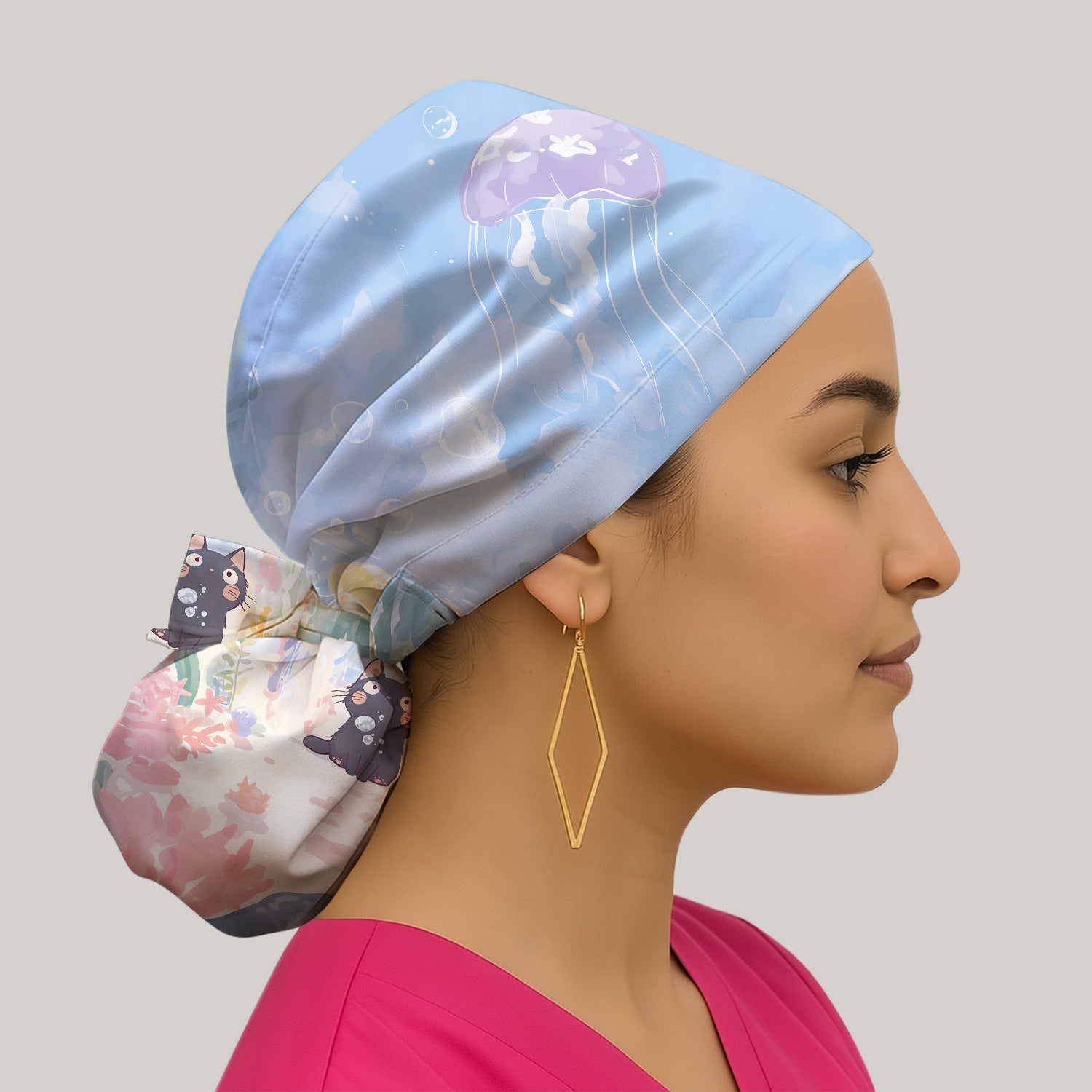 Cute Underwater Black Cat Jellyfish Pattern Surgical Cap, Breathable Fabrics Caps Uniform