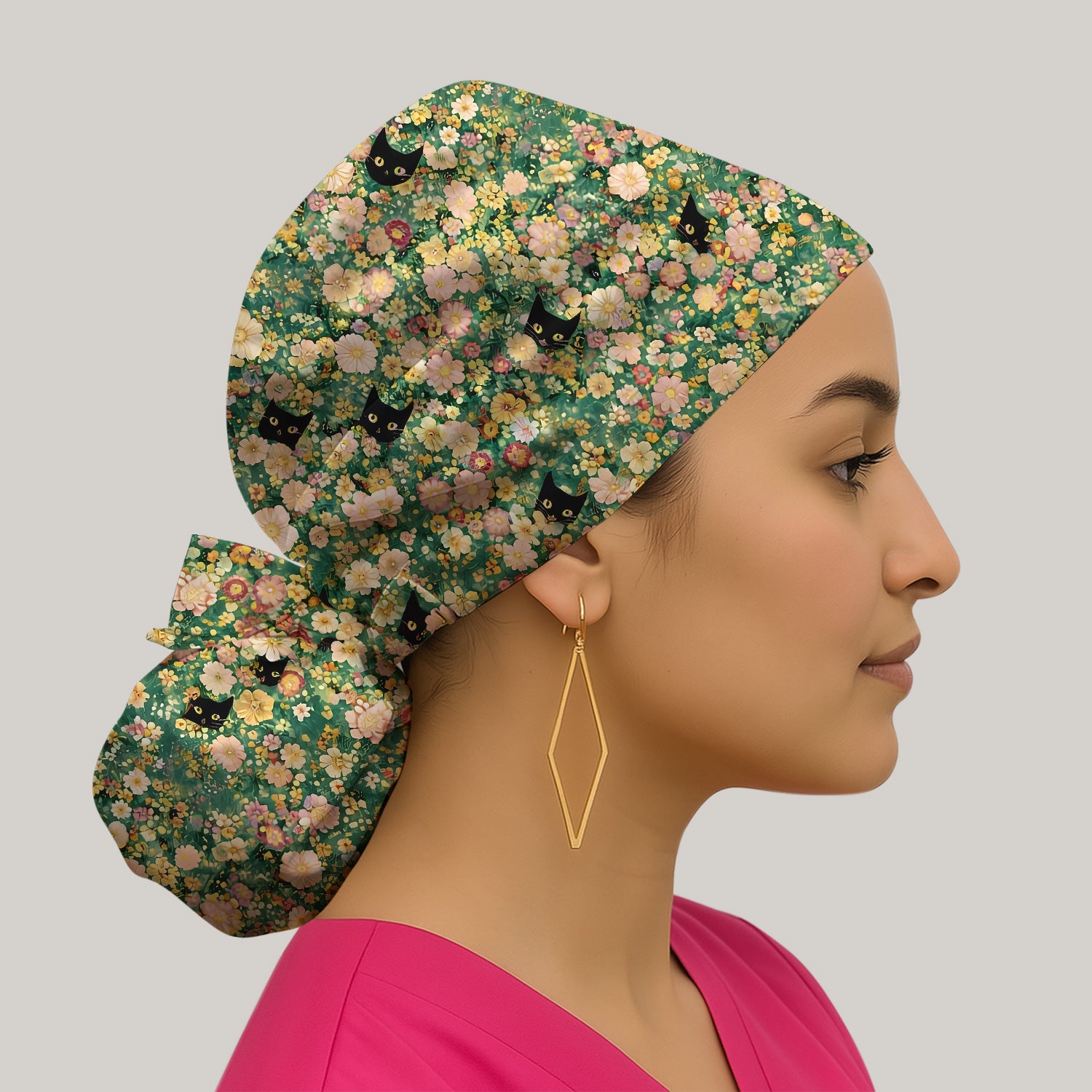 Cute Black Cat In Floral Garden Pattern Caps, Bouffant Scrub Caps for Women