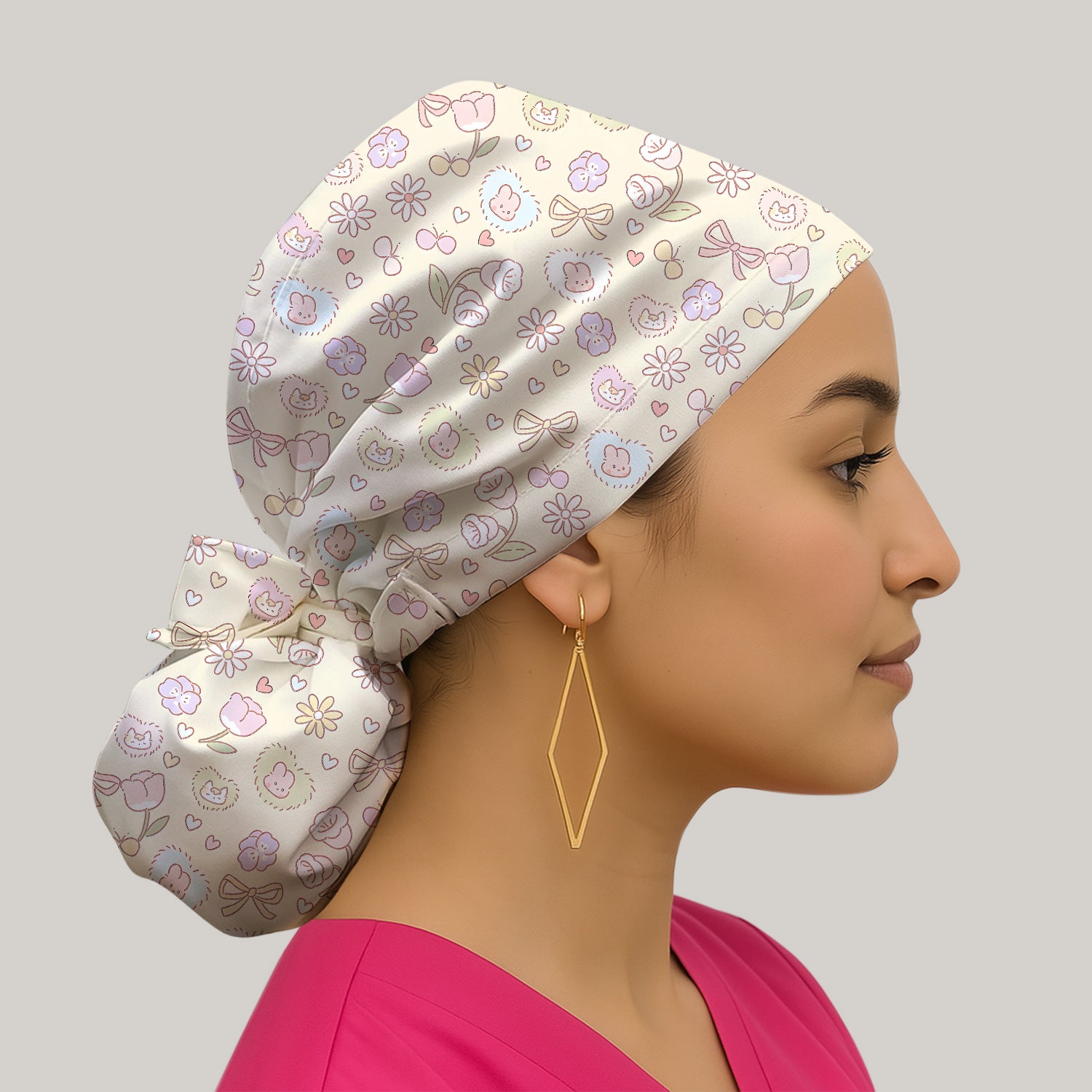Pastel Bunny Flower Heart Pattern Nurse Scrub Cap, Surgical Caps for Doctors