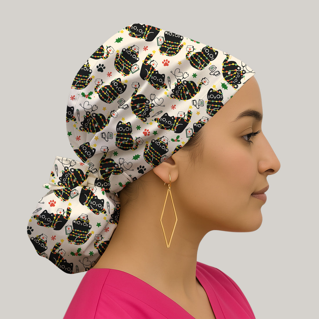 Black Cat Christmas Scrub Cap – Nurse & Holiday Lights Pattern Cap – Cute Medical Uniform For Nursing