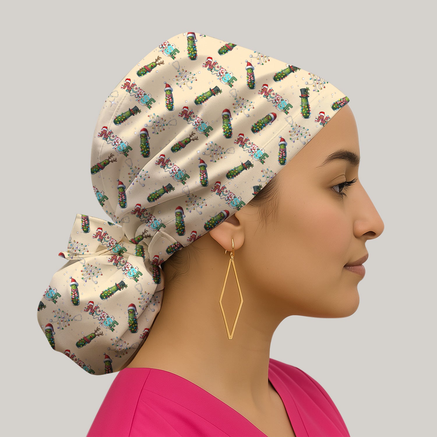 Christmas Nurse Scrub Cap with Buttons - Funny Pickle Holiday Surgical Hat for Women - Medical Bouffant Cap Long Hair